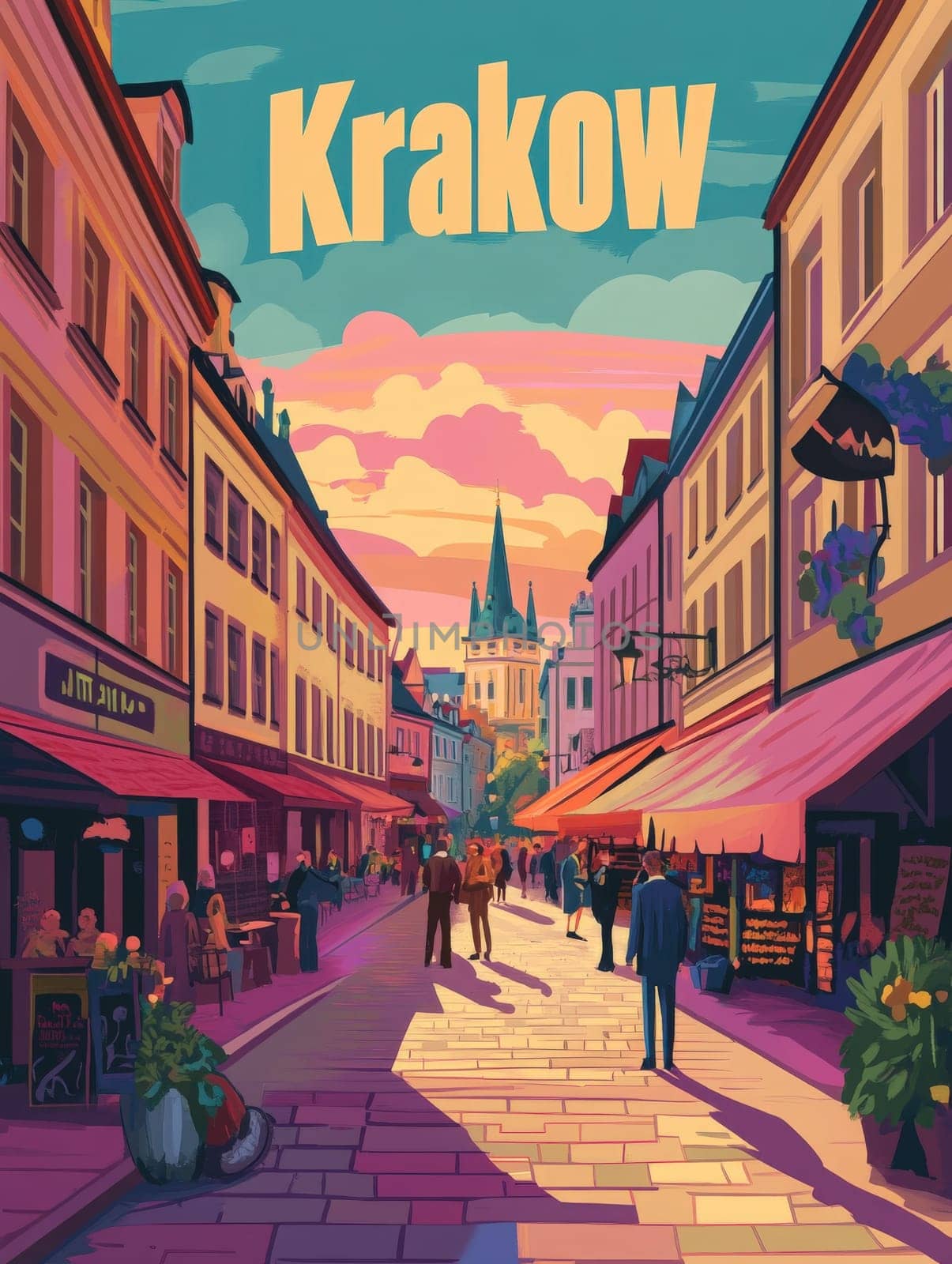 A lively street in Krakow features colorful buildings under a stunning sunset. People stroll along the cobblestone path, enjoying the vibrant atmosphere of this popular destination.