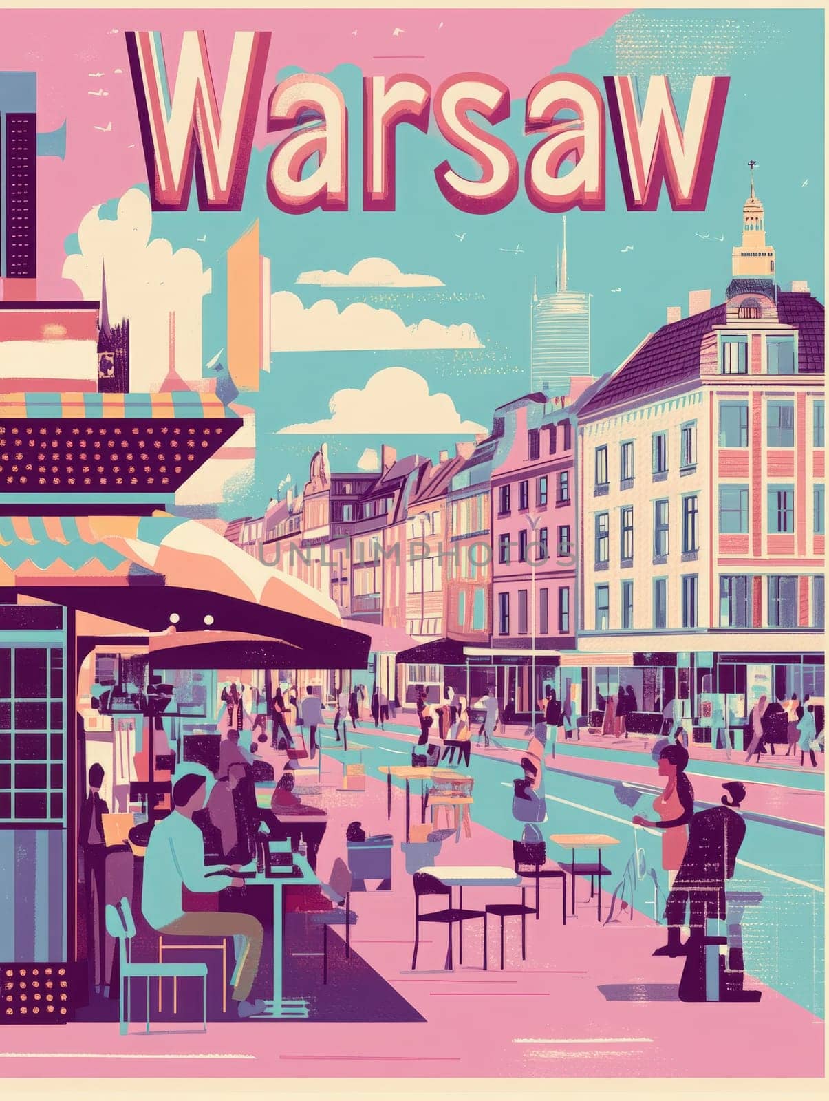 This lively scene captures people enjoying outdoor cafes and shopping along a bustling street in Warsaw. The bright colors and dynamic atmosphere reflect the citys charm during a sunny day.
