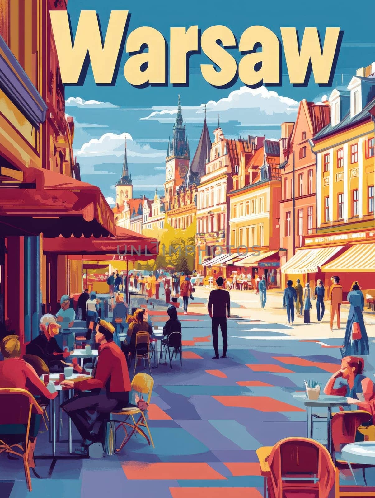 Colorful cafes and people enjoy leisurely activities in Warsaws Old Town. Lively atmosphere filled with visitors and locals exploring the charming streets.