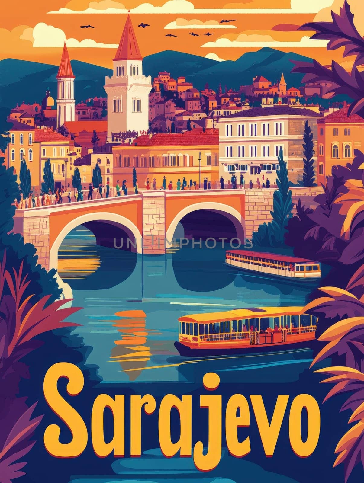A colorful portrayal of Sarajevo features its iconic bridge and buildings, reflecting the lively atmosphere. Boats glide along the river as people enjoy the beautiful sunset view.