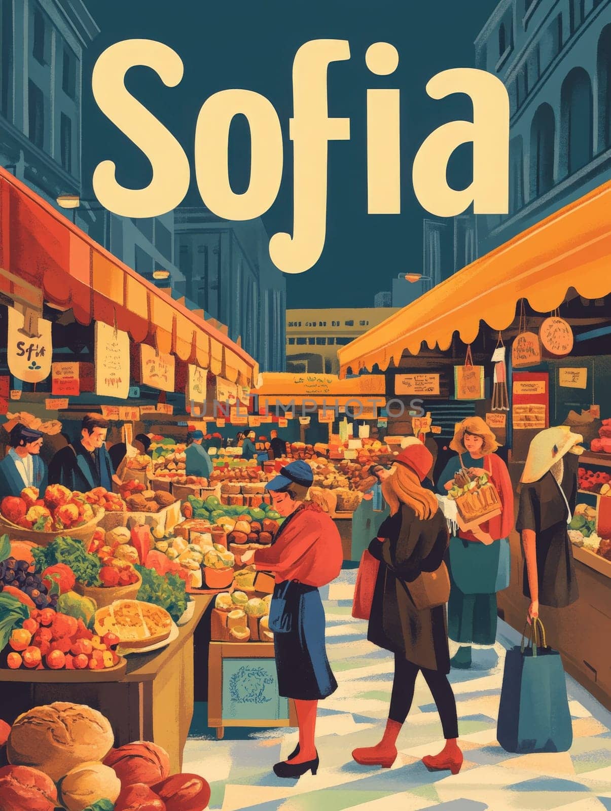 Shoppers browse colorful stalls filled with fresh fruits, vegetables, and local products in the bustling Sofia market. The lively atmosphere captures the essence of community and daily life.