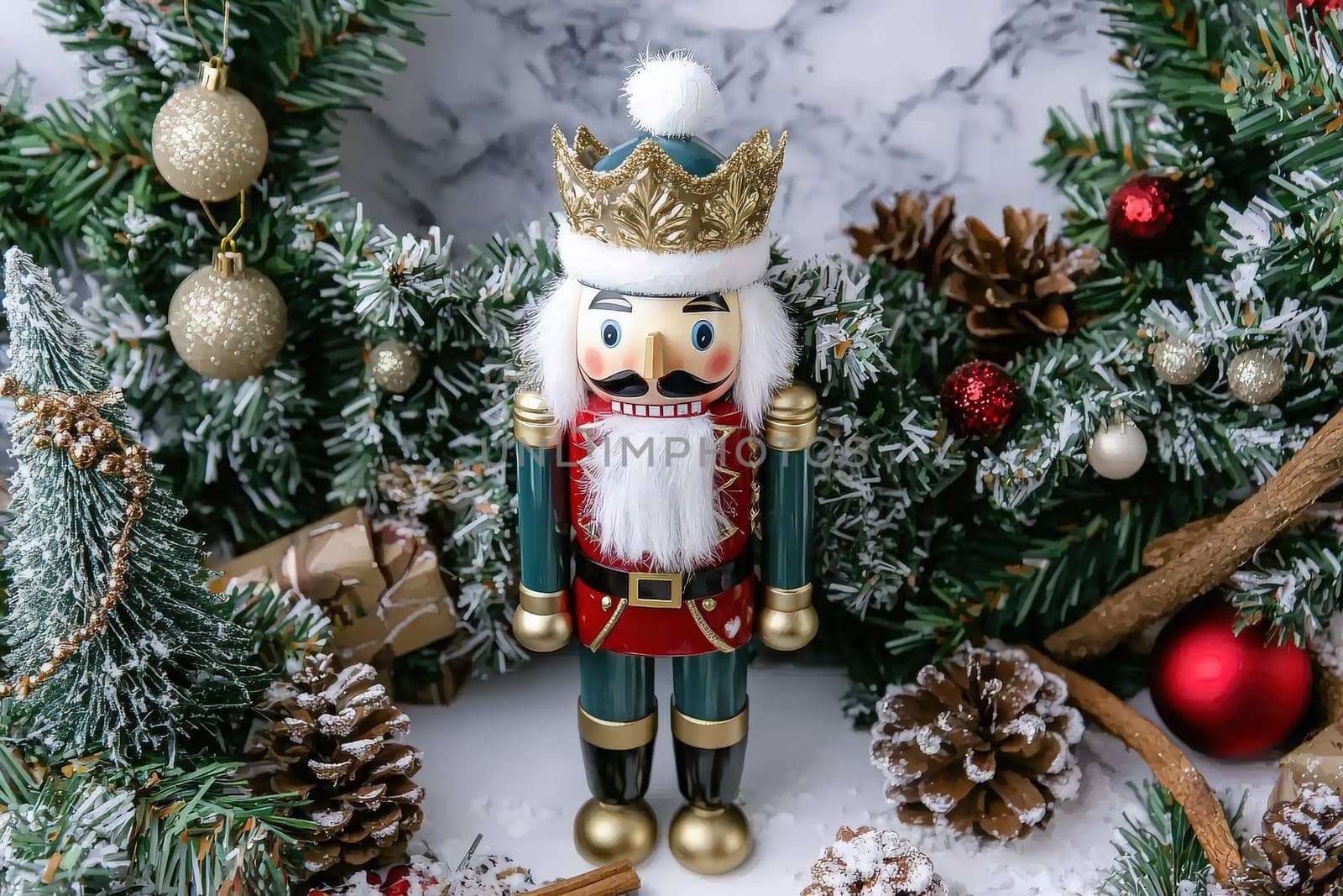 A colorful nutcracker stands proudly amidst festive greenery, glittering ornaments, and pinecones. The vibrant details and seasonal decor create a delightful holiday atmosphere.