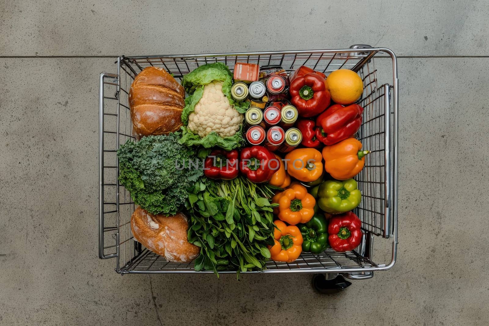 A shopping cart filled with vibrant fresh produce, including various bell peppers, leafy greens, and loaves of bread, showcases the abundance of healthy options available at a grocery store.