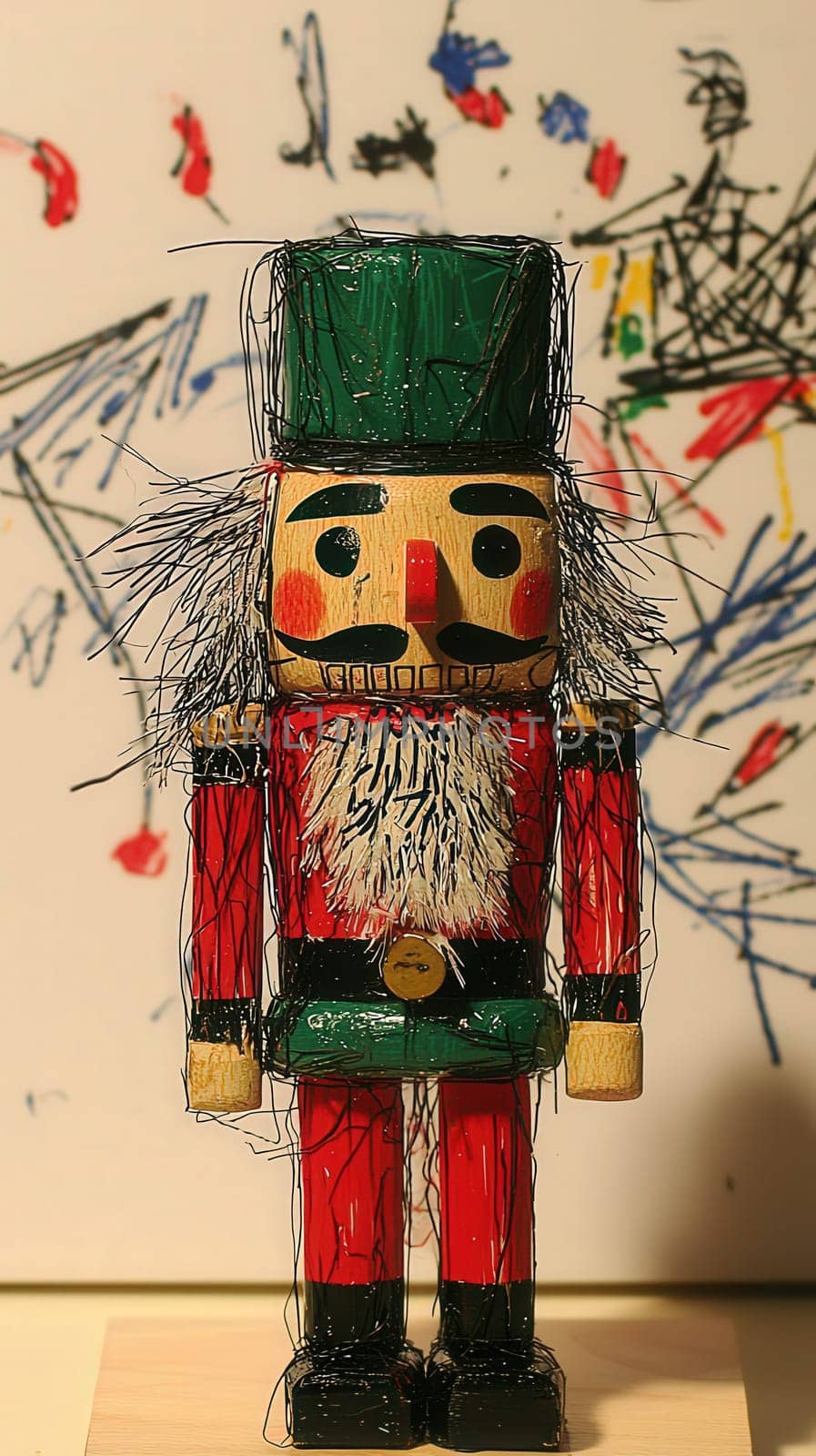 A colorful wooden nutcracker with a green hat and red uniform stands prominently. Behind it, a chaotic display of childrens drawings enhances the playful atmosphere of the setting.