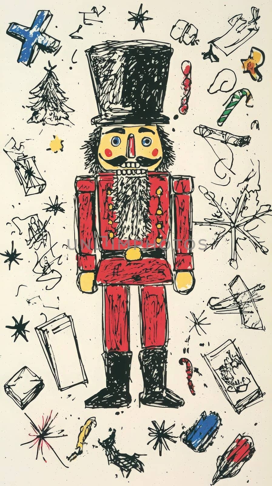A vibrant drawing features a classic nutcracker figure dressed in red and black attire, surrounded by various holiday symbols including trees, gifts, and snowflakes.