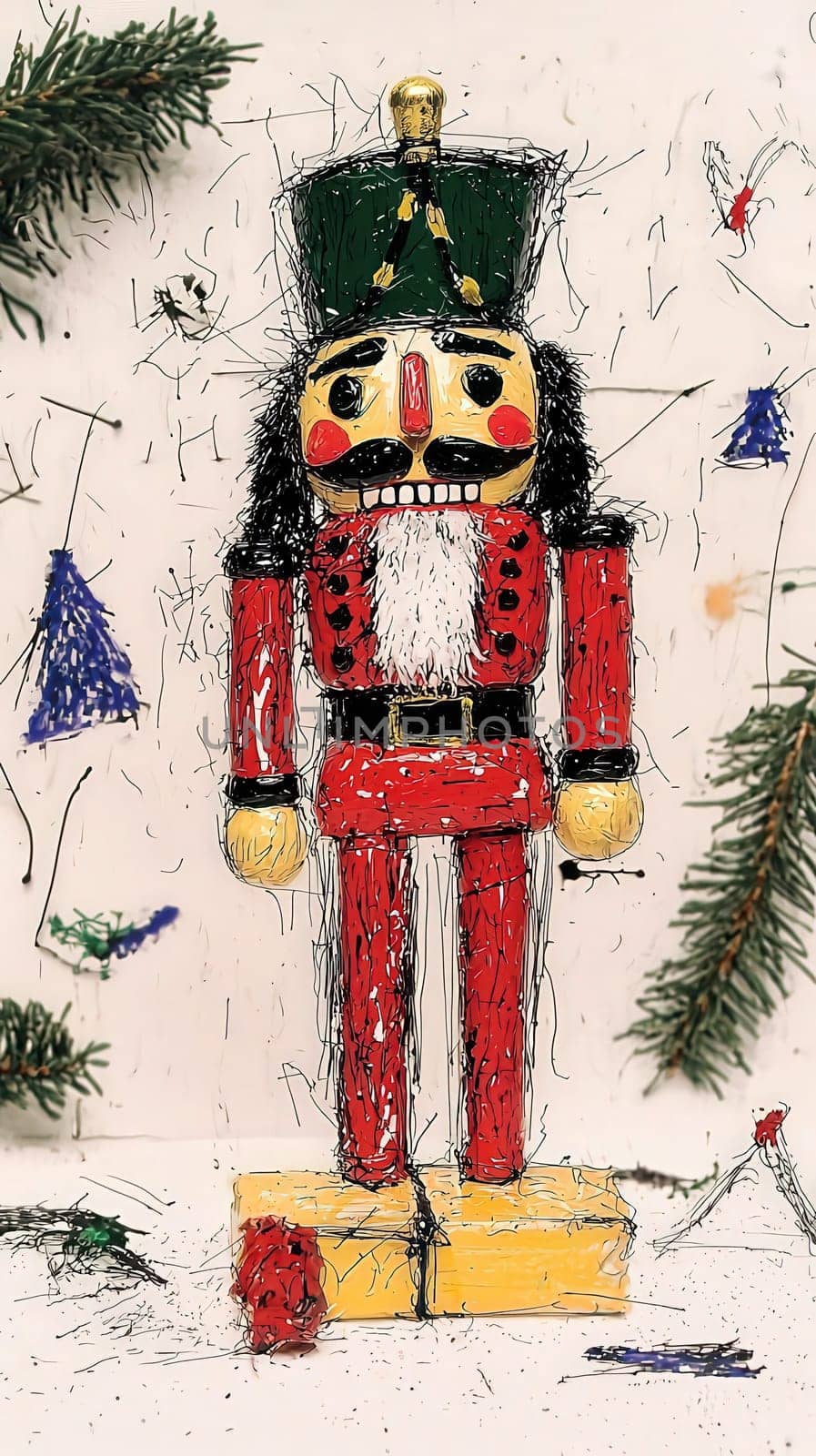 A vibrant nutcracker figure stands proudly, adorned in traditional colors. Surrounding it are playful decorations like pine branches and colorful trees, evoking a joyful holiday spirit.