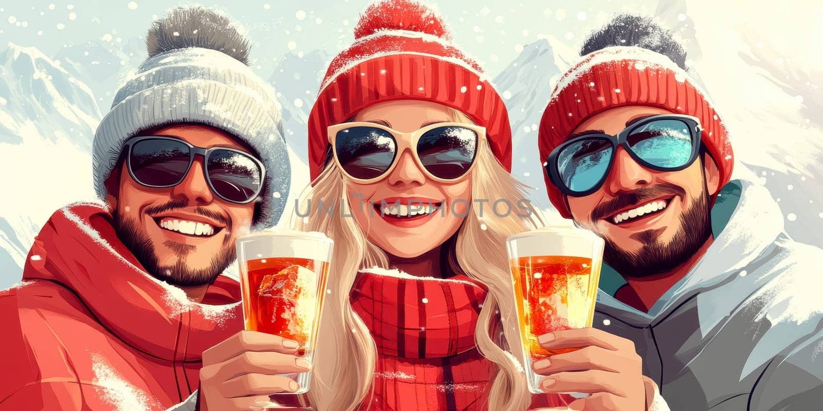High-quality cartoon depicting a young blonde girl and two friends enjoying skiing.AI generative.