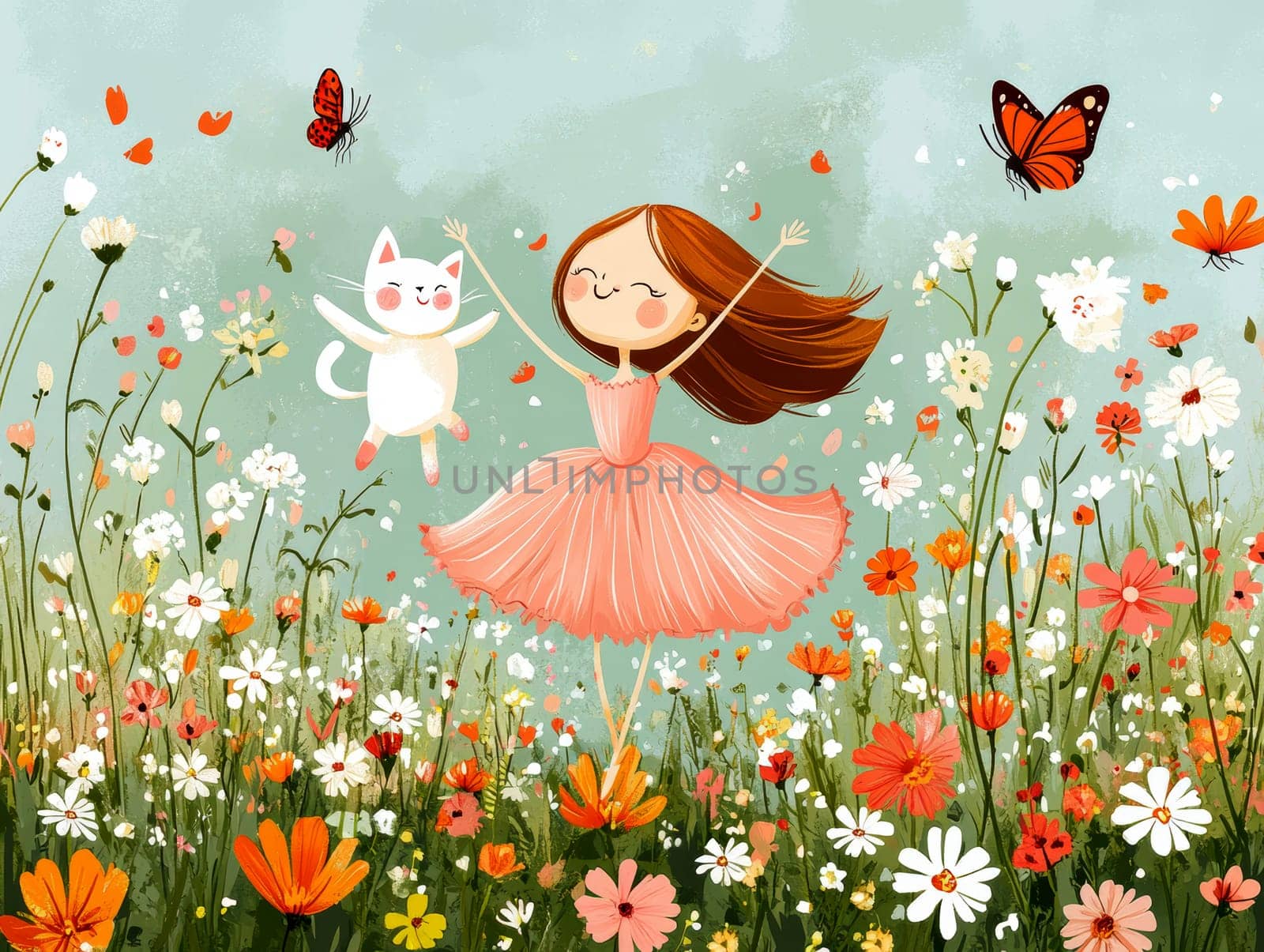 Cute girl in a pink dress, a ballerina dancing with a white cat and a butterfly, in a hand-drawn cartoon style for children's room decoration. AI generative.
