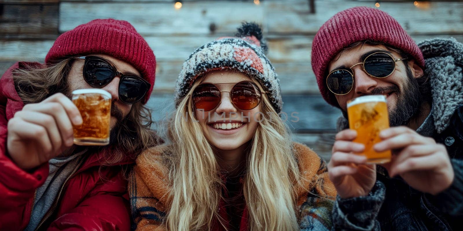 High-quality cartoon depicting a young blonde girl and two friends enjoying skiing.AI generative.