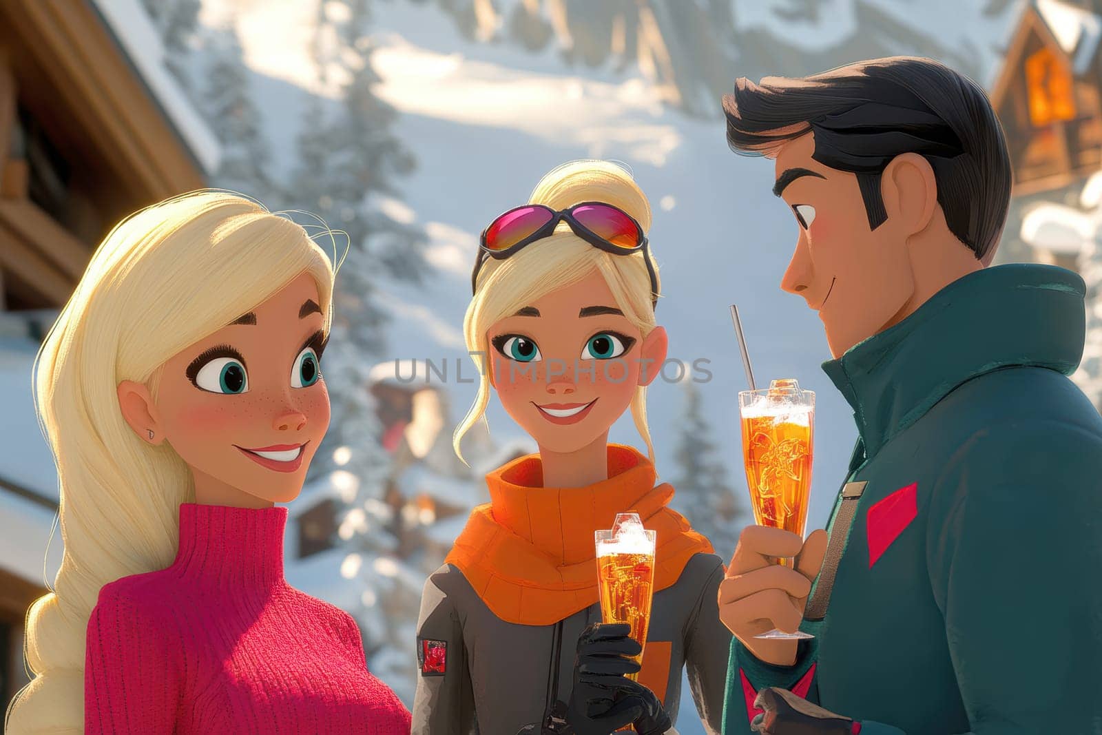 High-quality cartoon depicting a young blonde girl and two friends enjoying skiing.AI generative.
