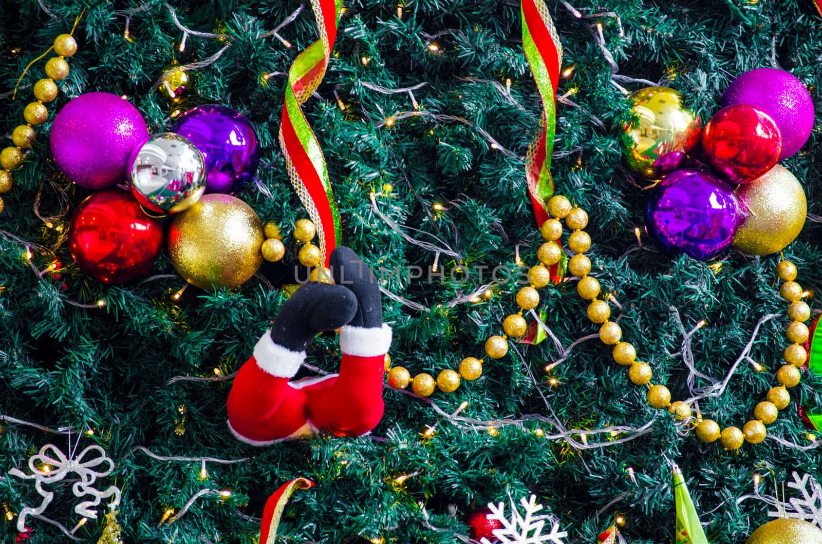 Beautiful Christmas ball and pine tree decoration background. Christmas celebration concept.