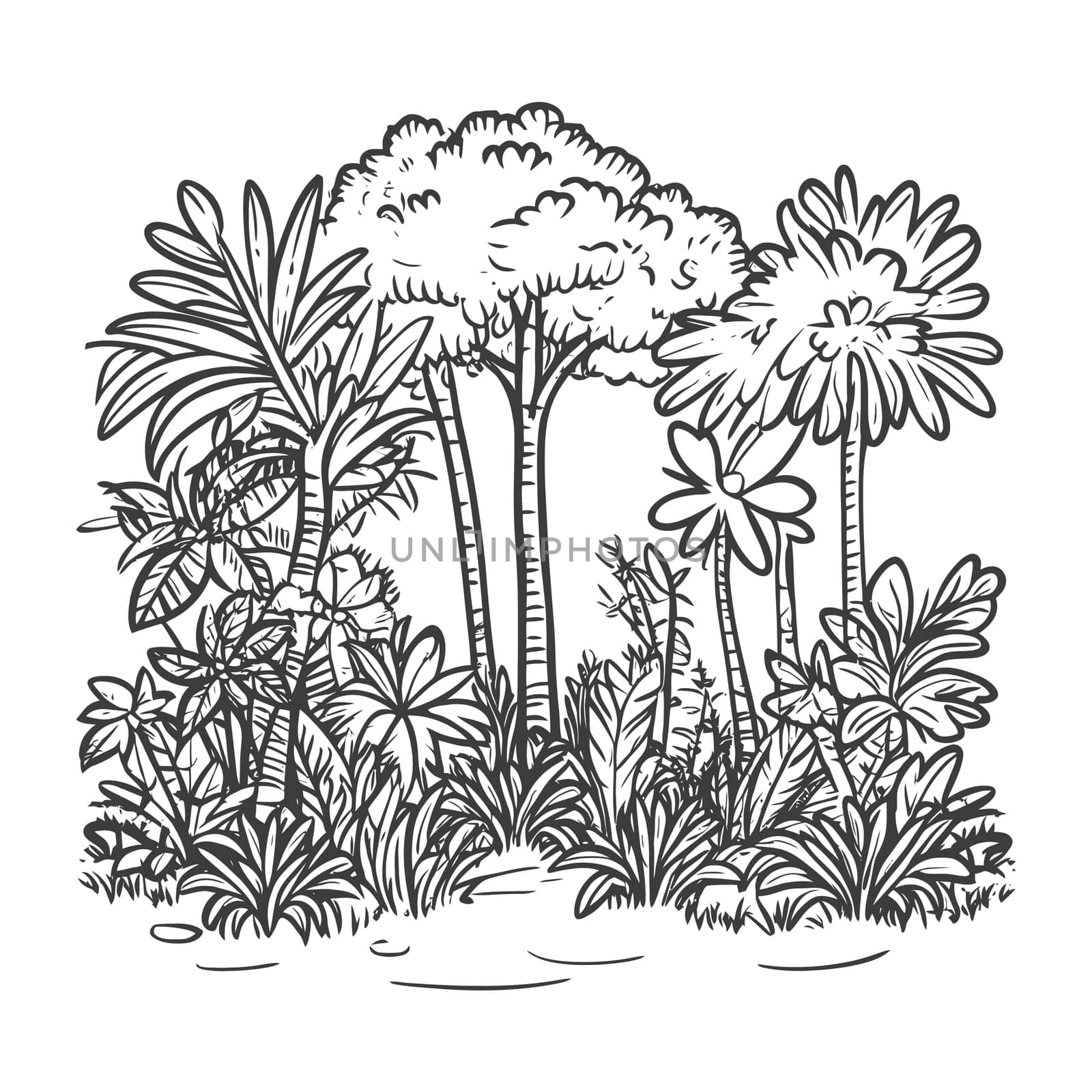 A Hand-Drawn Black and White Illustration of Lush Tropical Foliage