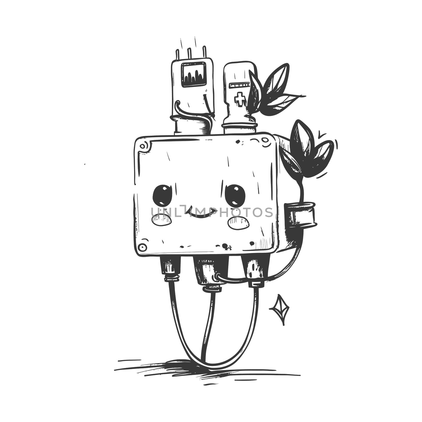 A Hand-Drawn Cartoon Robot With A Flower Growing From Its Top