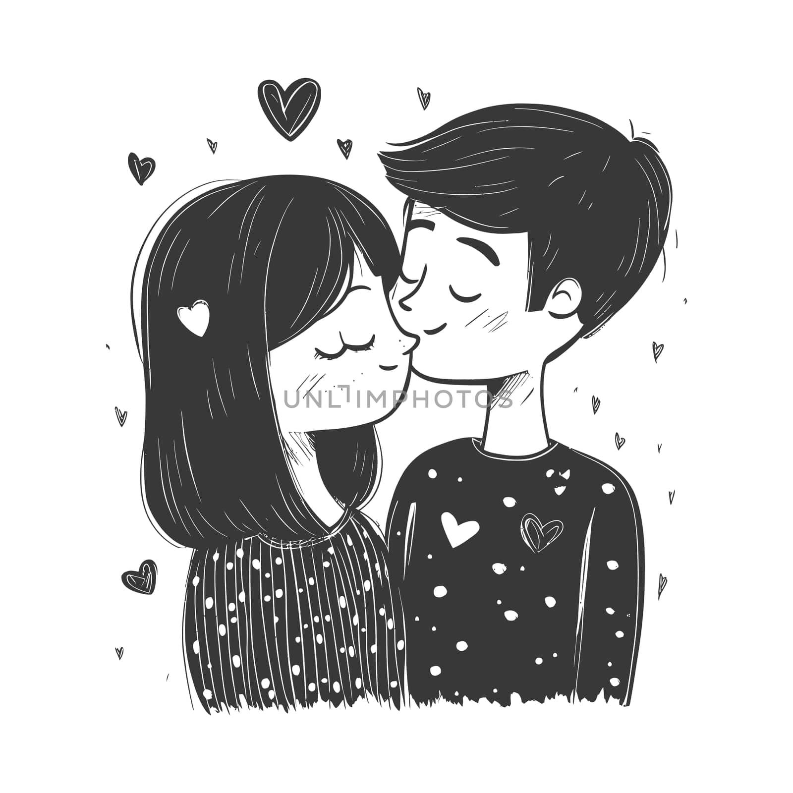 A Hand-Drawn Illustration of a Couple Sharing a Romantic Kiss
