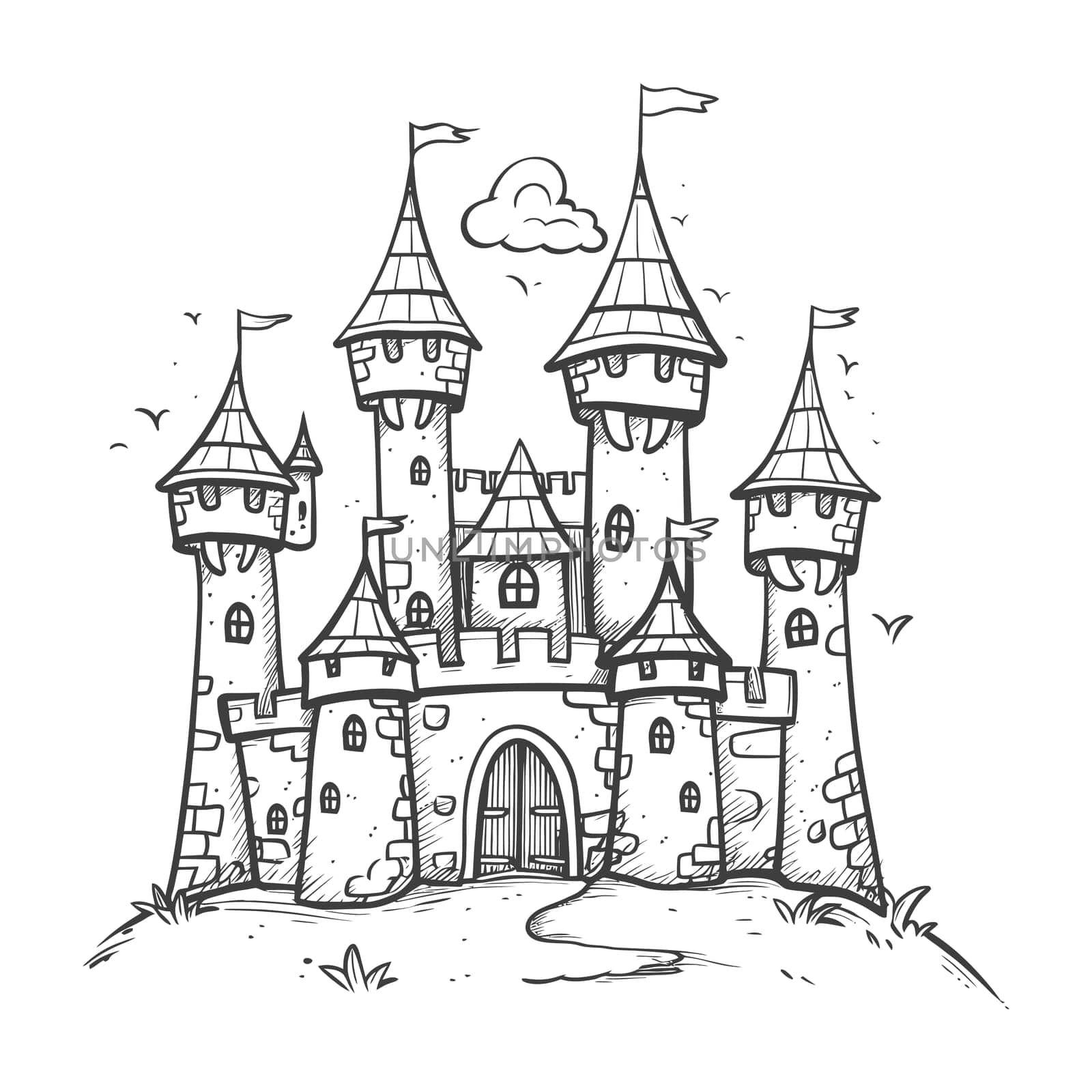 A Hand-Drawn Illustration of a Medieval Castle with Towers and Flags