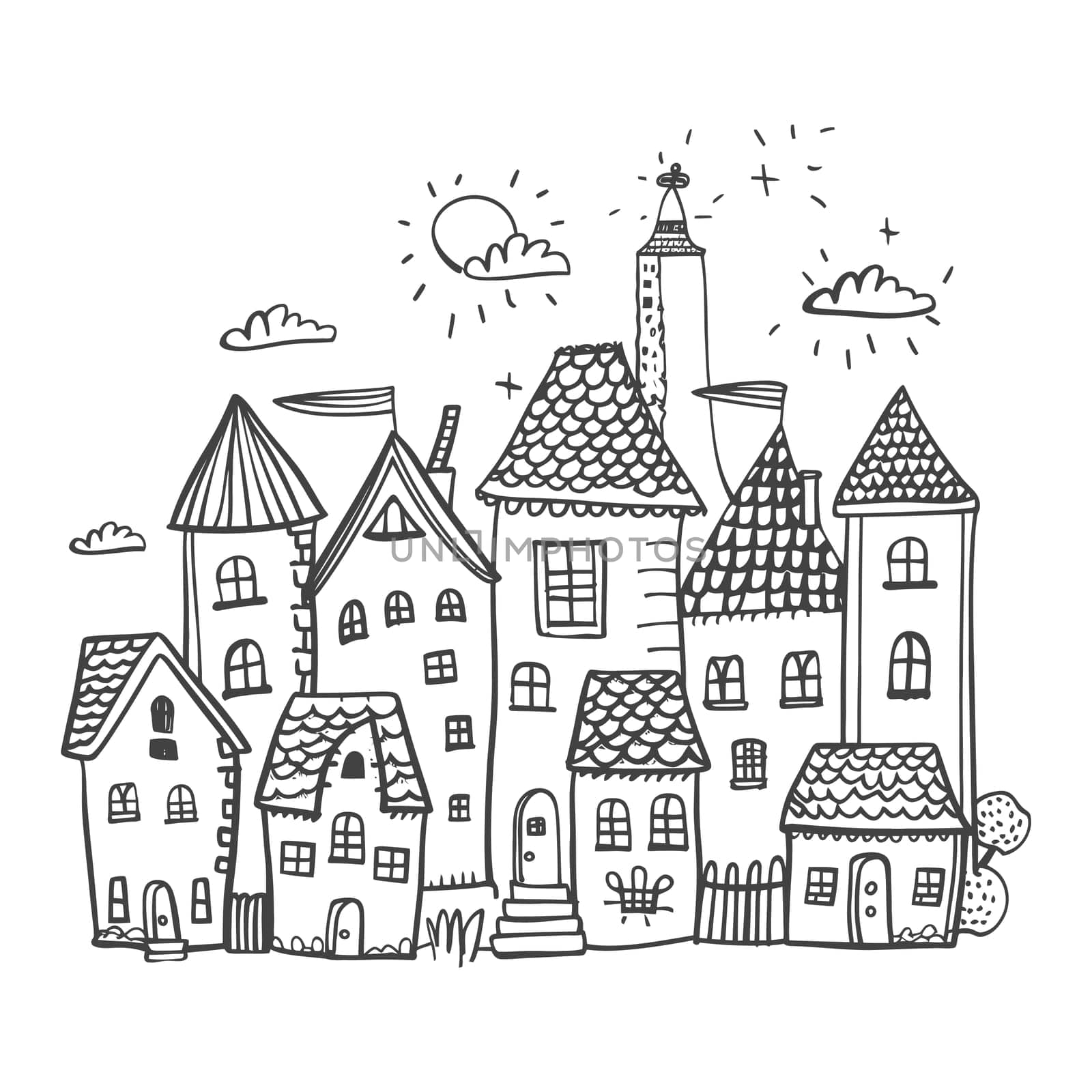 A Hand-Drawn Illustration of a Cute Little Town with Houses, a Sun, and Clouds