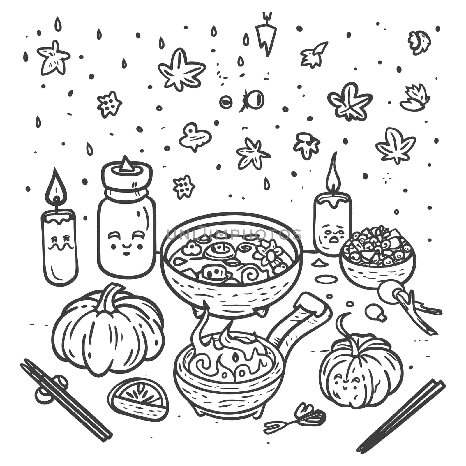 A Hand-Drawn Illustration of a Cozy Fall Scene with Pumpkins, Candles, and a Soup Pot