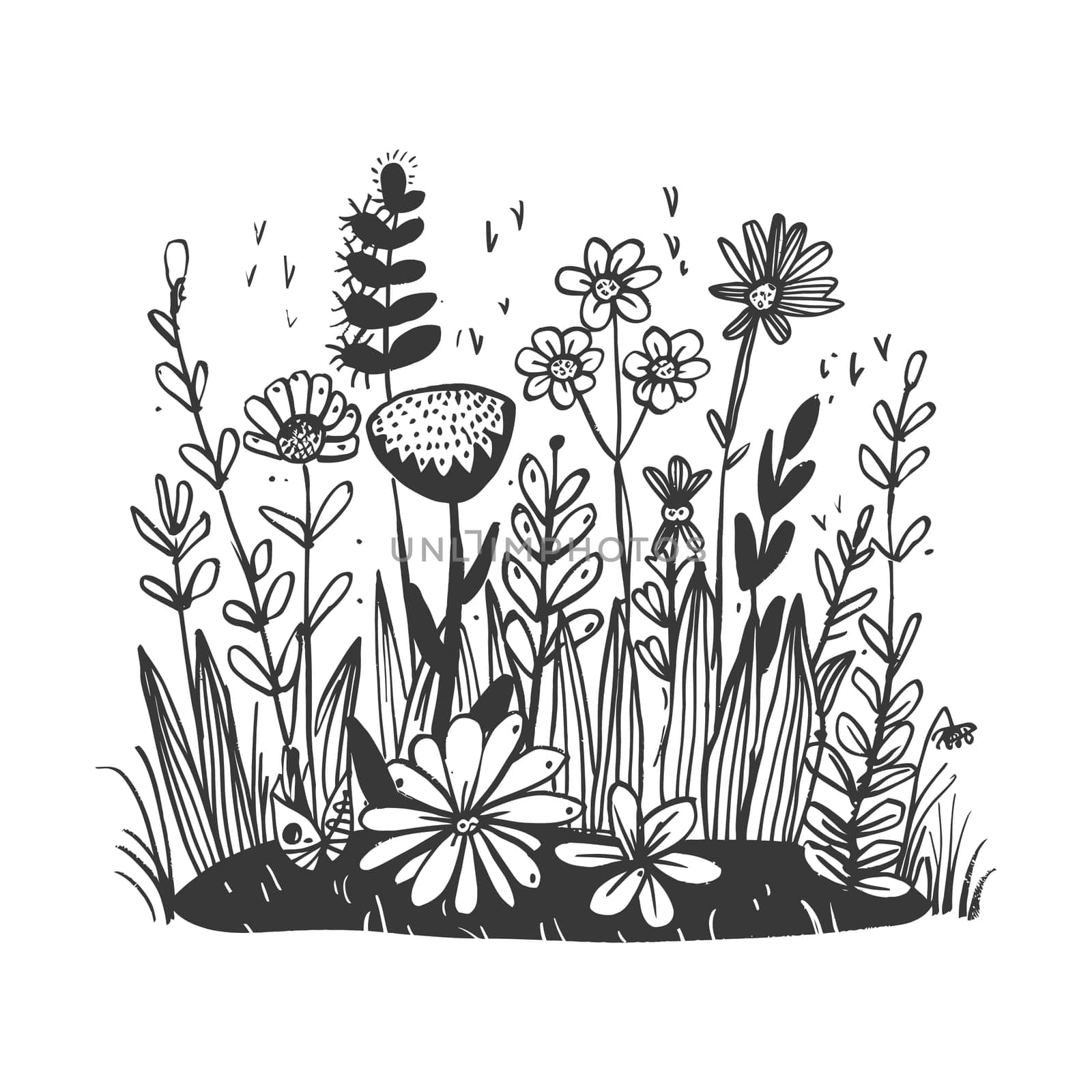 A Hand-Drawn Illustration of a Flower Patch with Black Ink