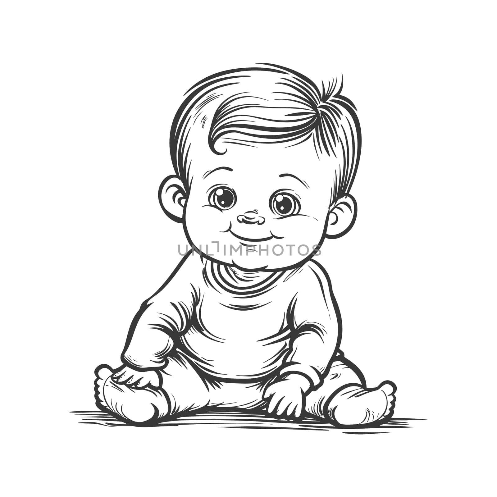 A Hand-Drawn Illustration of a Smiling Baby Sitting on the Floor