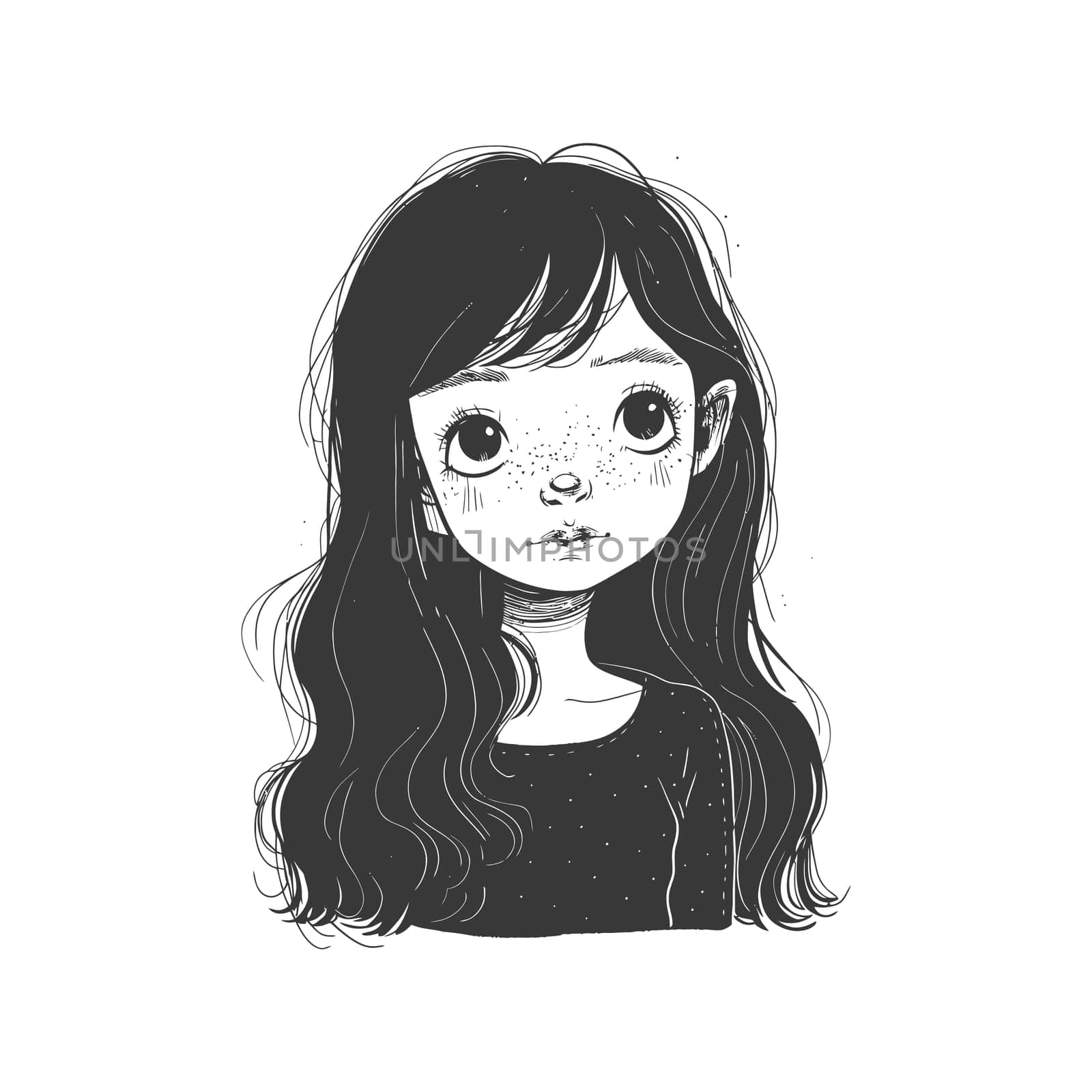 A Hand-Drawn Illustration of a Young Girl with Long Wavy Hair and Freckles