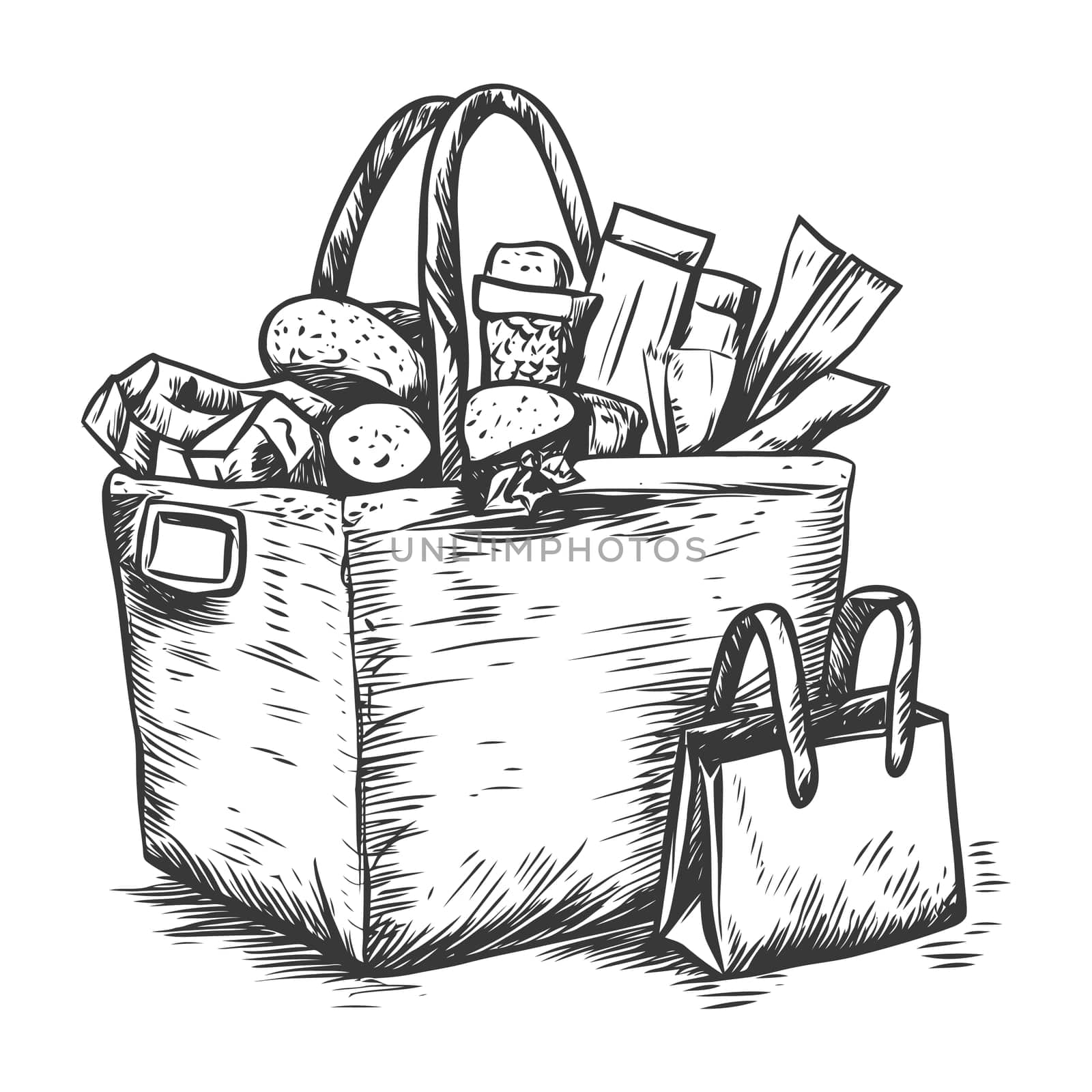 A Hand-Drawn Illustration of a Full Shopping Bag with Groceries