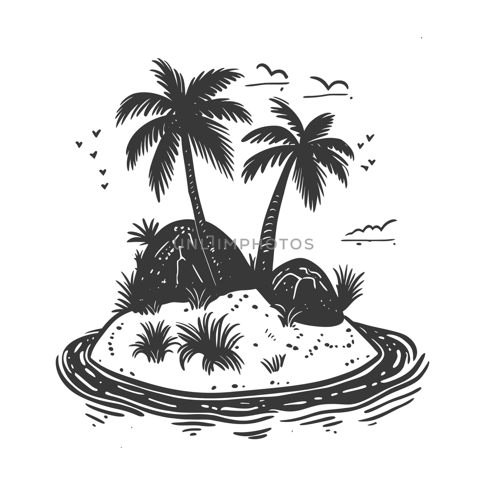 A Hand-Drawn Illustration of a Tropical Island with Palm Trees and a Sandy Shore
