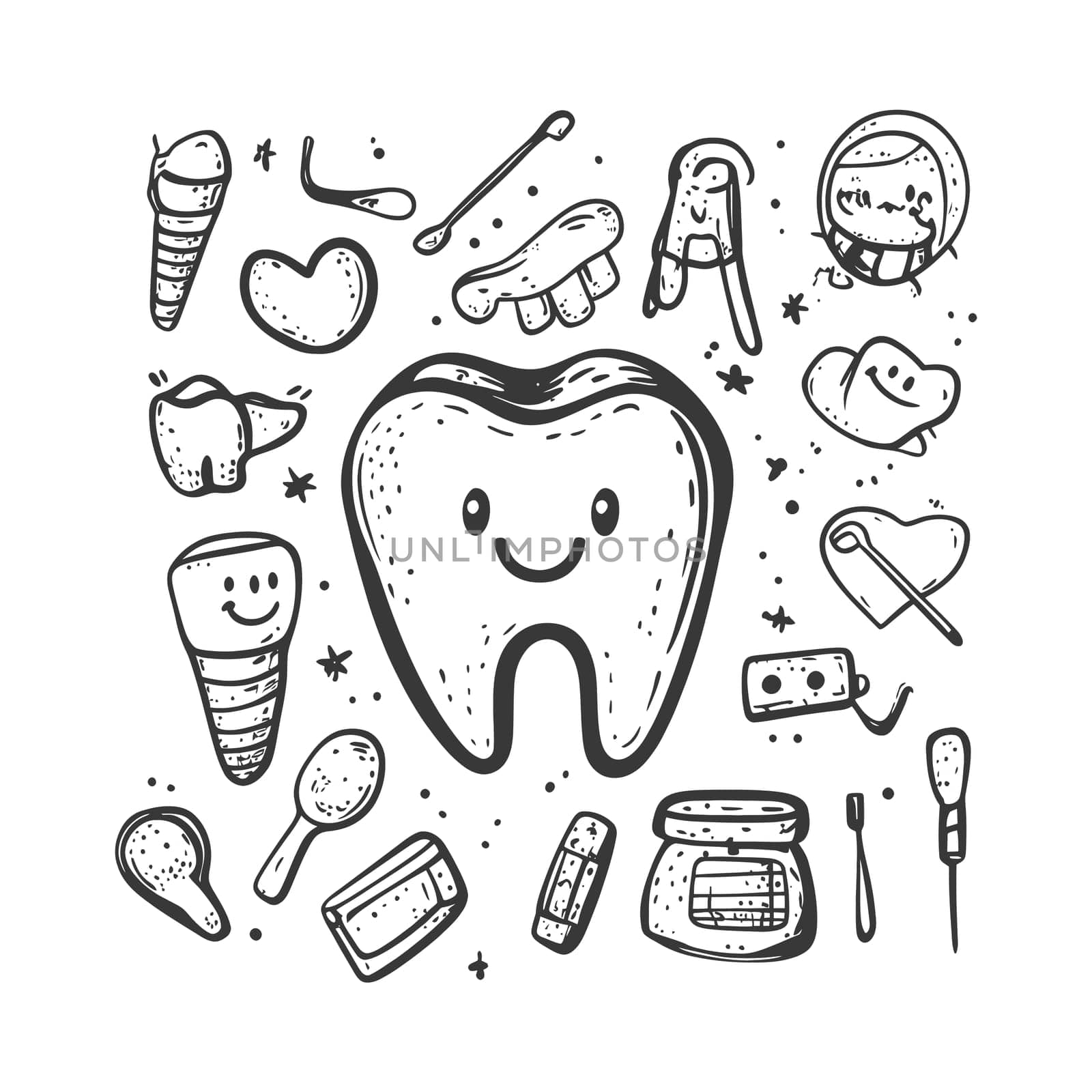 A Hand-Drawn Illustration of a Smiling Tooth and Dental Accessories