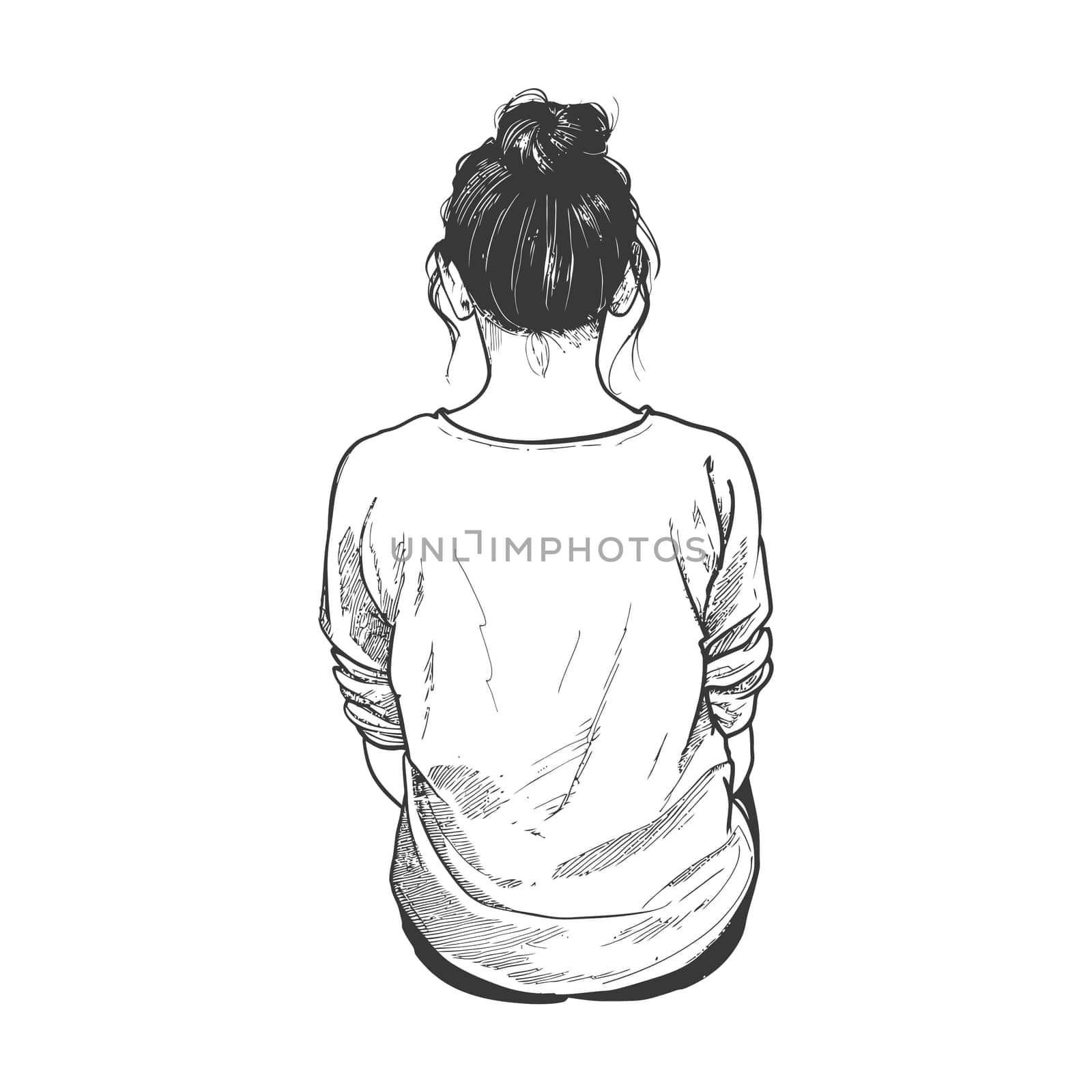 A hand-drawn illustration of a woman sitting with her back to the viewer, her hair in a bun