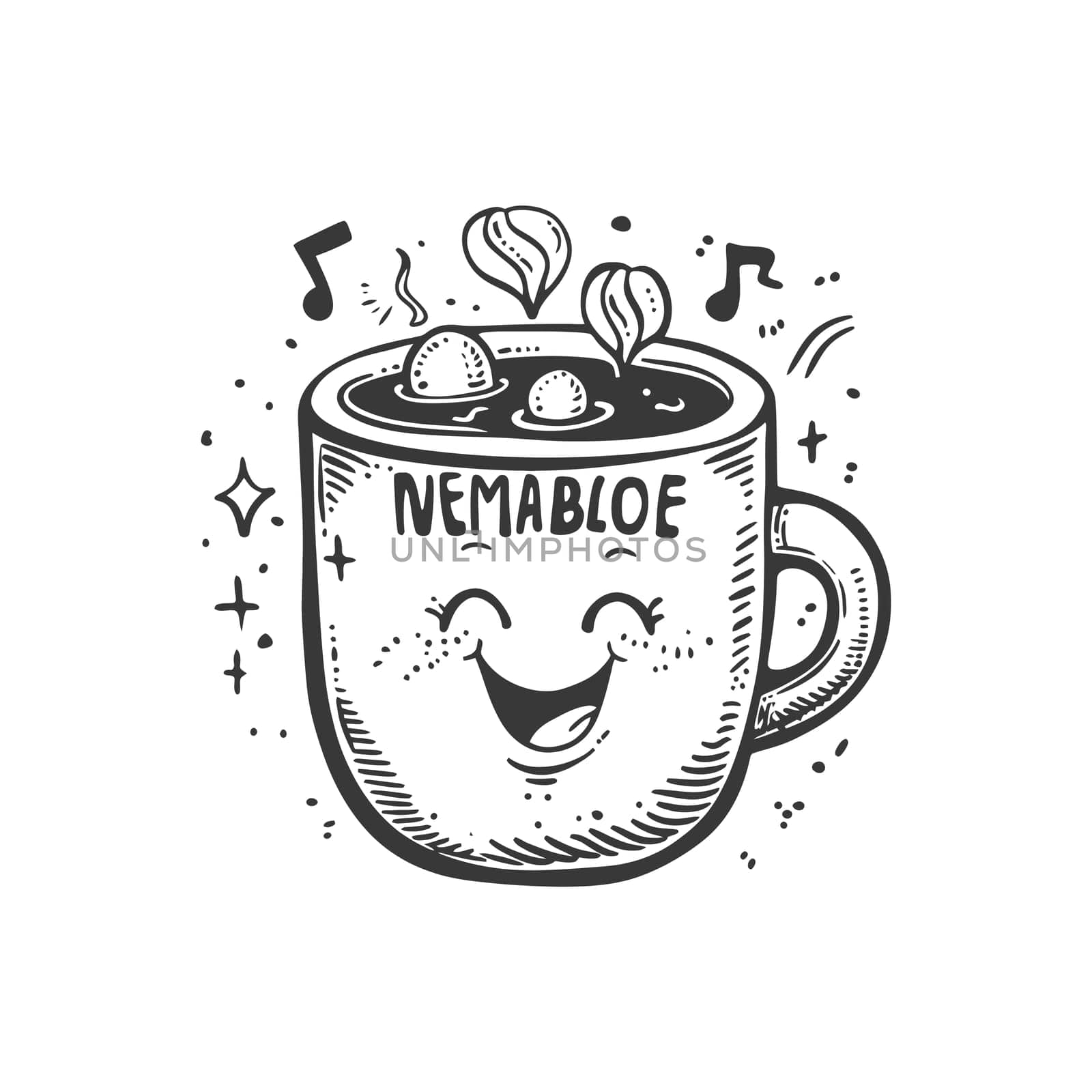 A Hand-Drawn Illustration of a Smiling Coffee Mug with Steam and Musical Notes