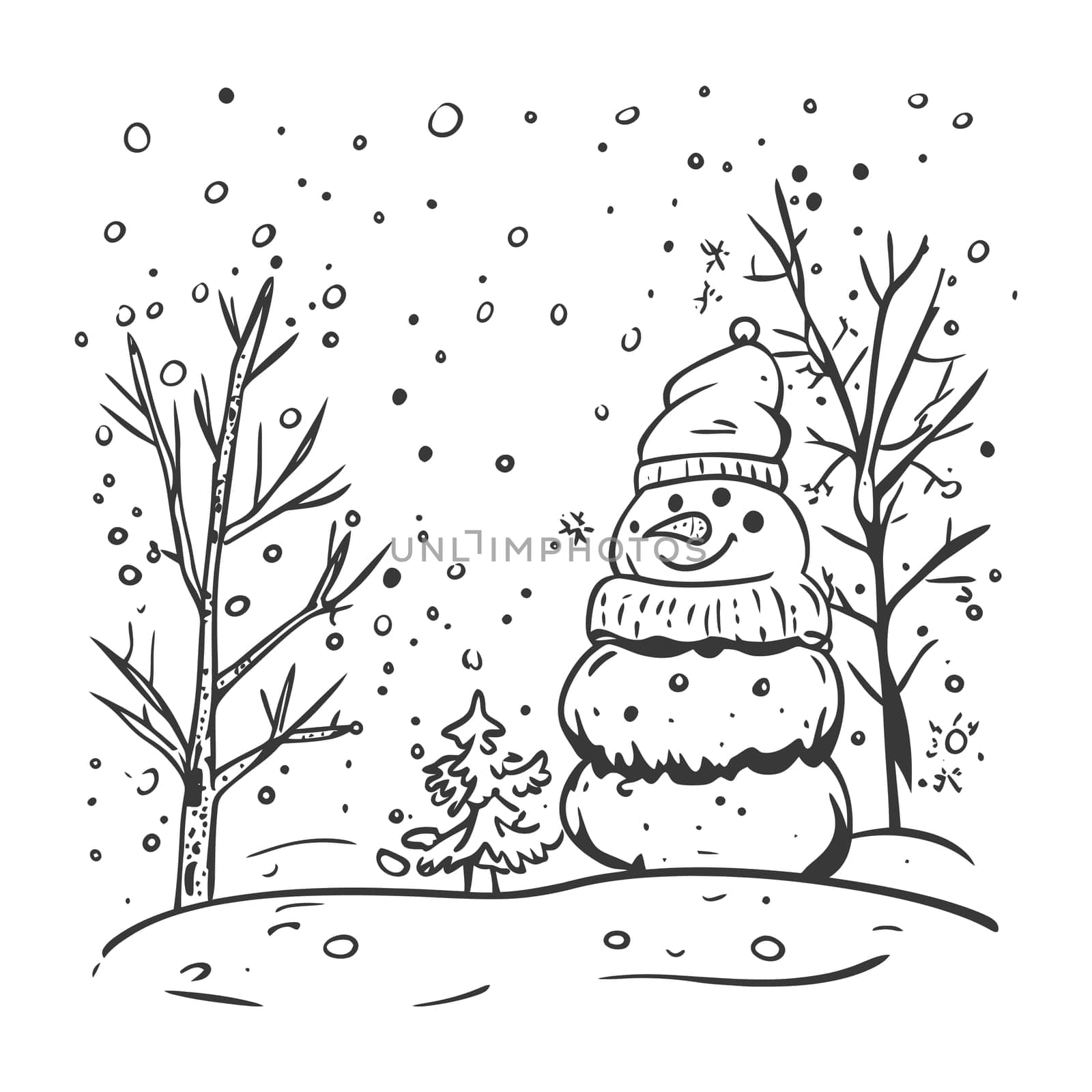 A Hand-Drawn Illustration of a Snowman in a Winter Landscape