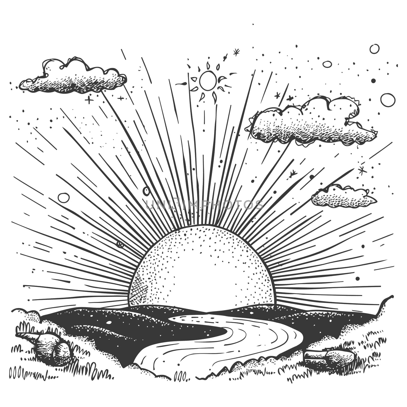 A Hand-Drawn Illustration of a Sunrise Over a Winding River