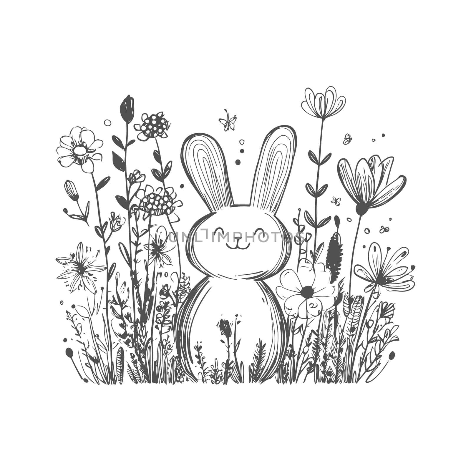 A Hand-Drawn Illustration of a Rabbit Amidst a Field of Flowers