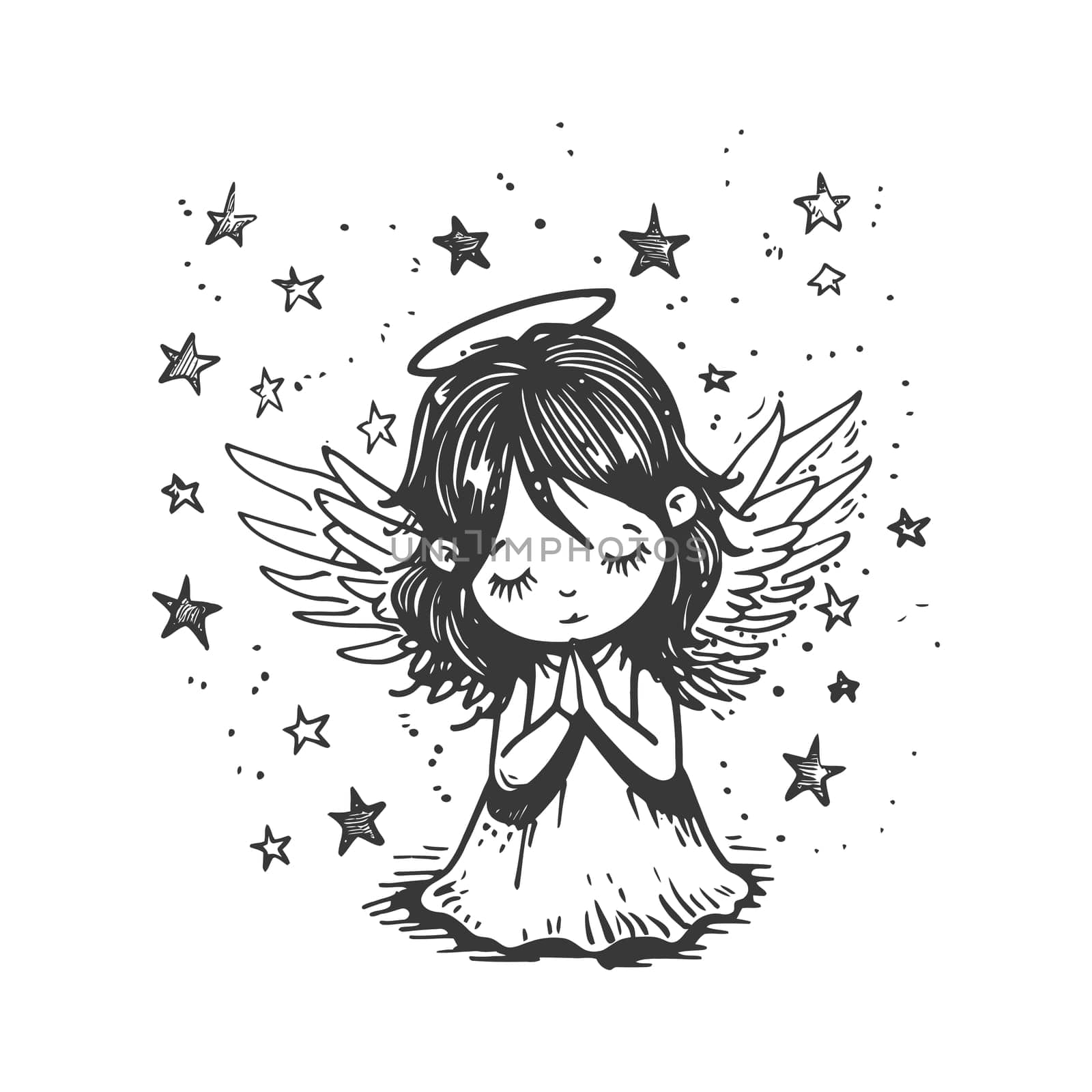 A Hand-Drawn Illustration of a Praying Angel with Halo and Wings
