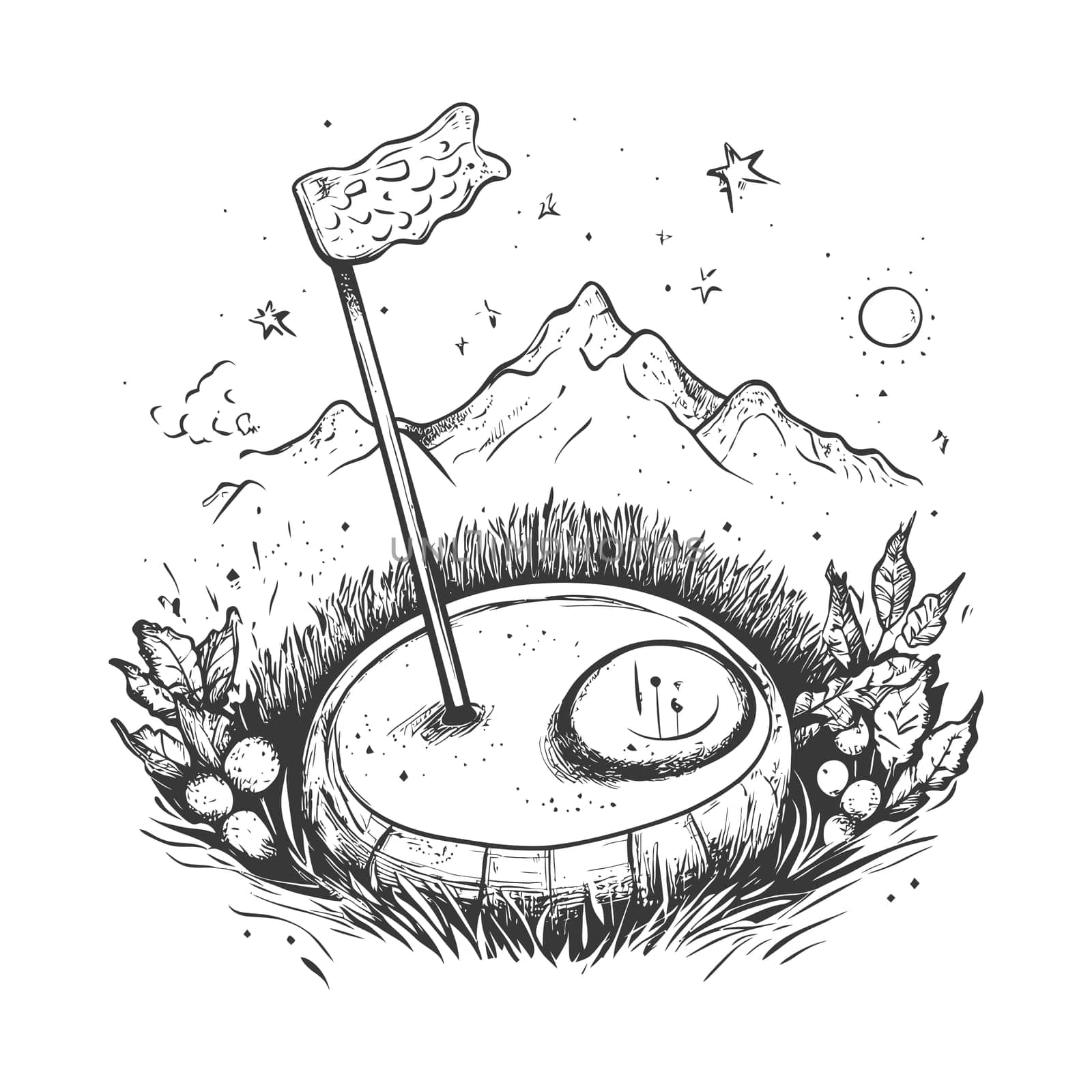 A Hand-Drawn Illustration of a Golf Course Hole with a Flag and Surrounding Mountain Landscape