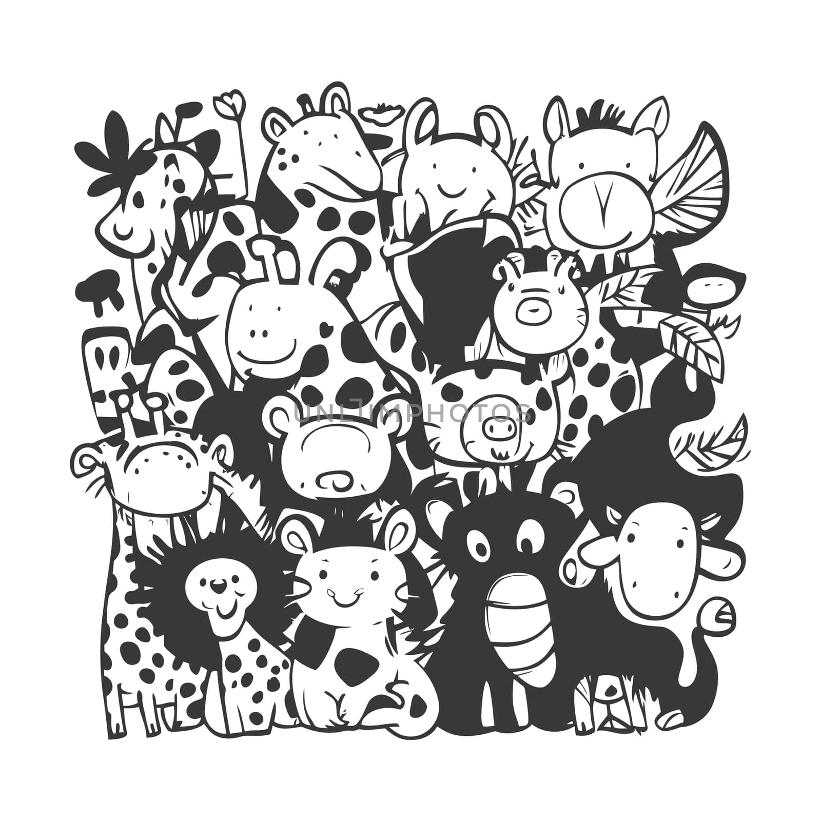 A Group of Cute Cartoon Animals in Black and White