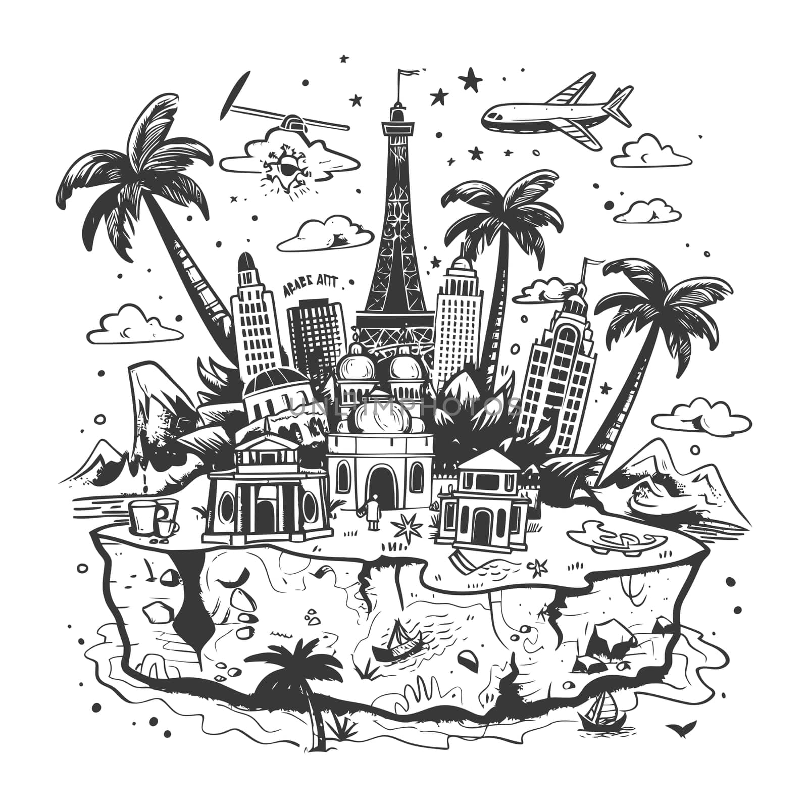 A Hand-Drawn Illustration of Famous Landmarks on a Tropical Island