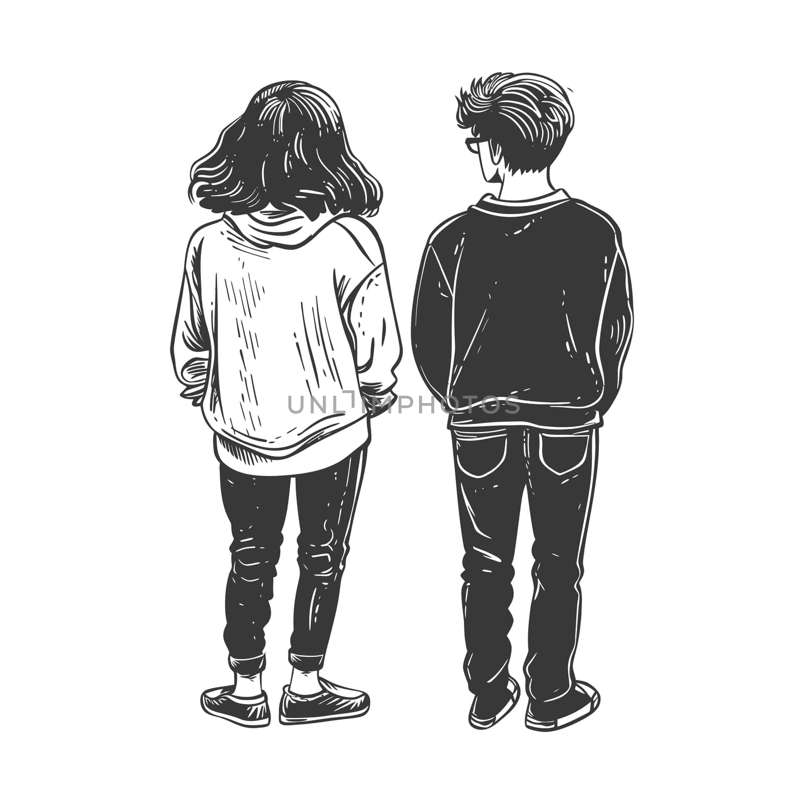 A Hand-Drawn Illustration of a Young Couple Standing Back-to-Back
