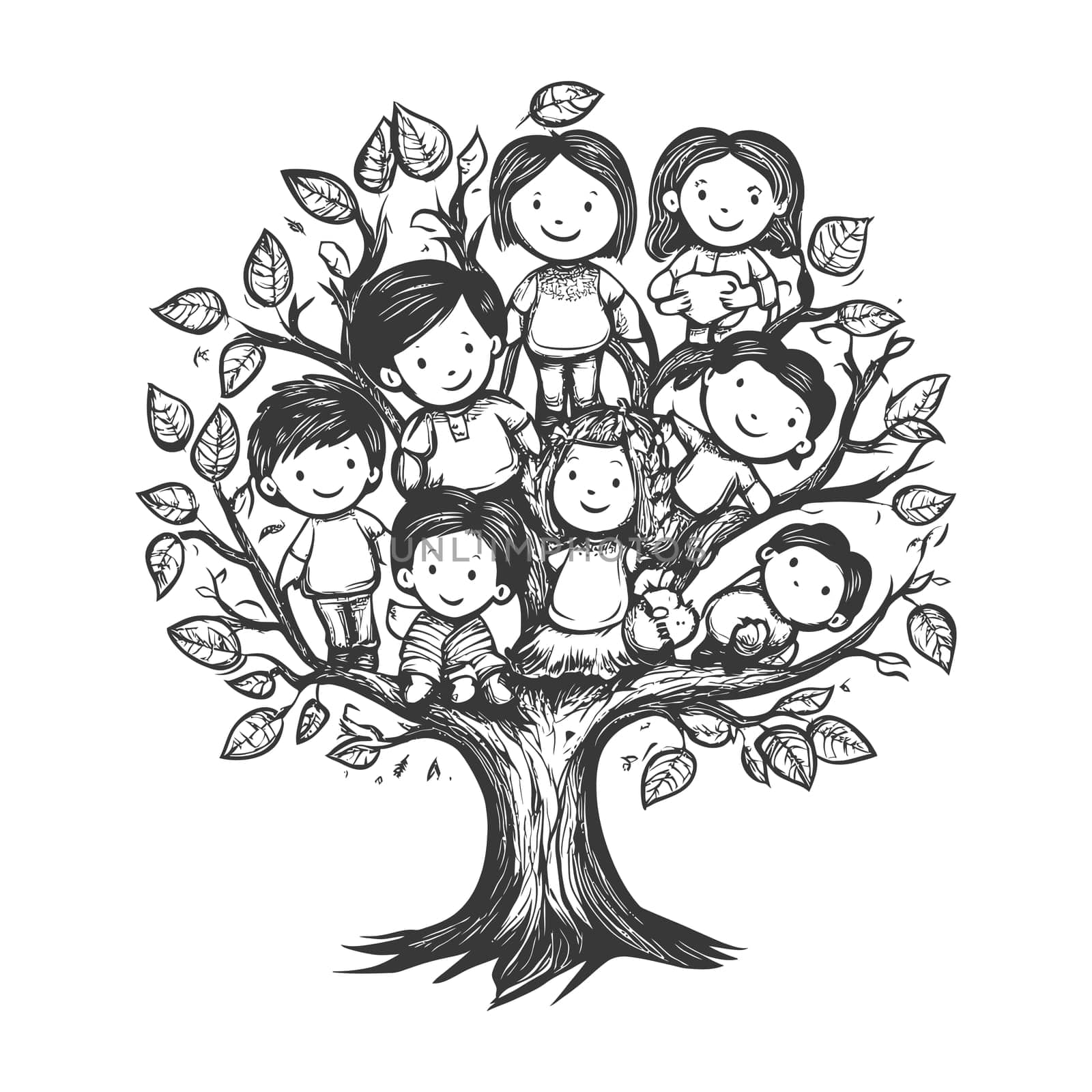 A Hand-Drawn Illustration of Children Playing in a Tree