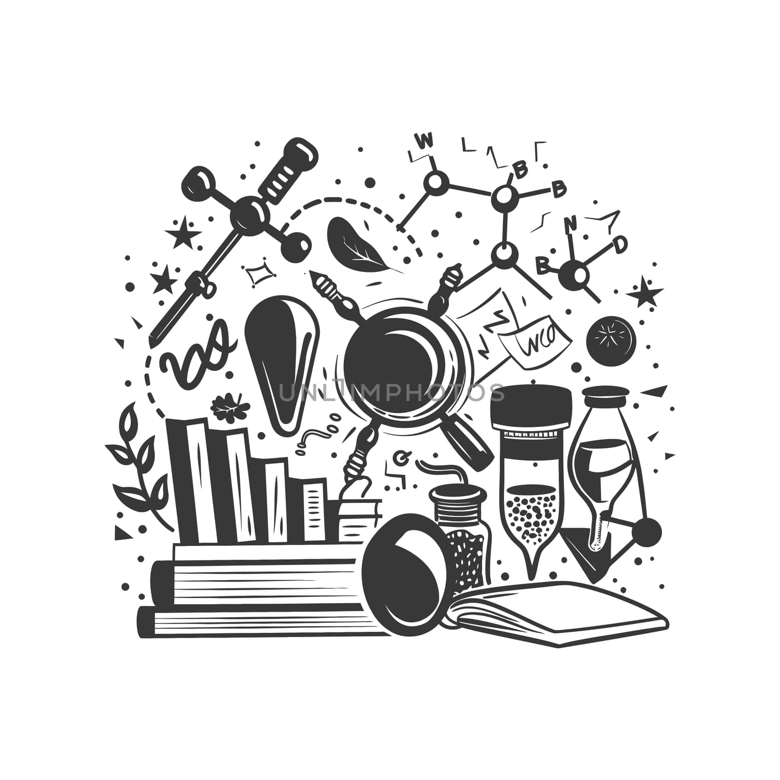A Hand-Drawn Illustration of Scientific and Educational Elements