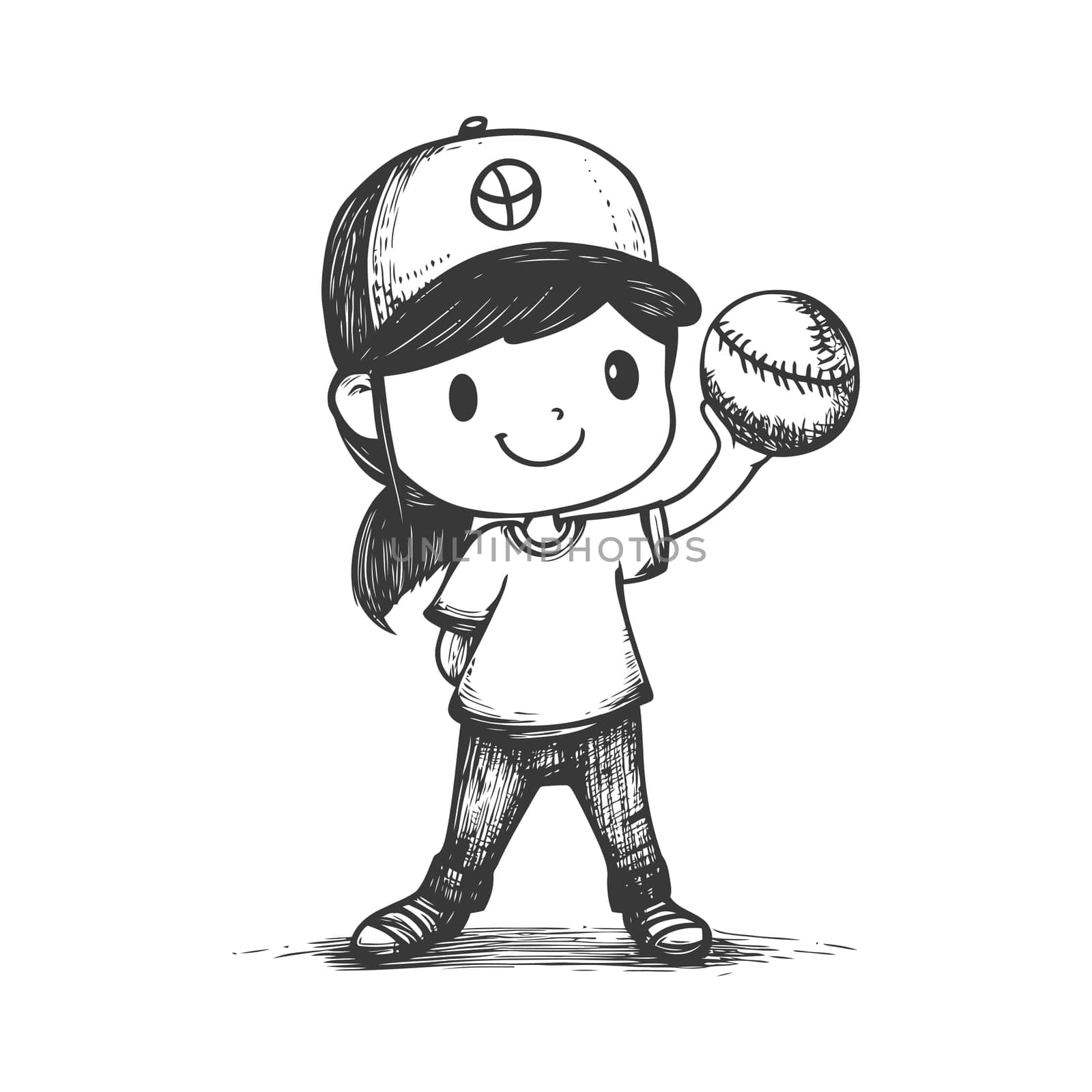 A Hand-Drawn Illustration of a Young Girl Holding a Baseball