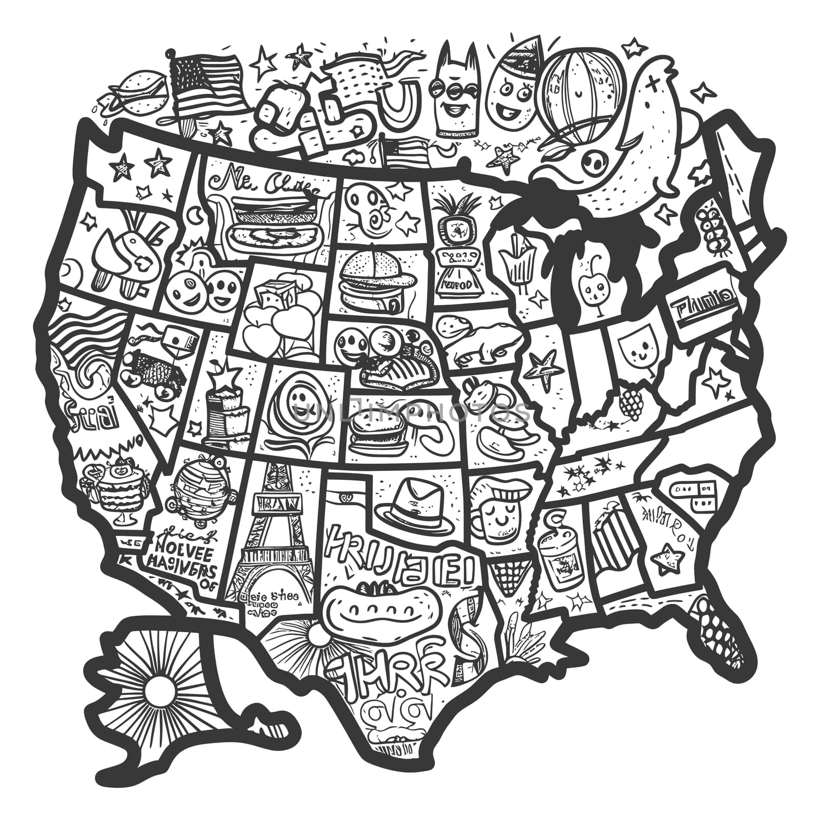 A Hand-Drawn Illustration of the United States Filled with Quirky and Diverse Symbols