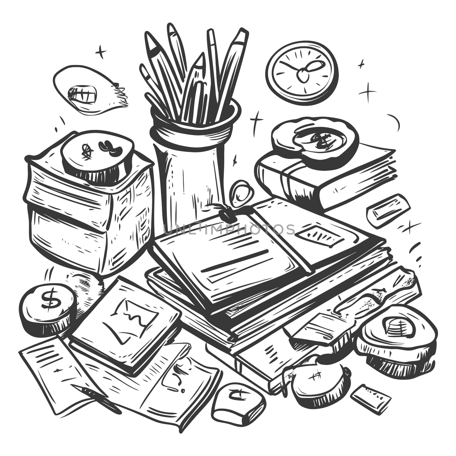 A Hand-Drawn Illustration of Scattered School Supplies and Office Items