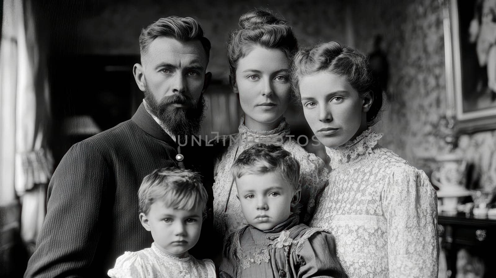 Victorian-era family posing for a formal portrait. AI generative.