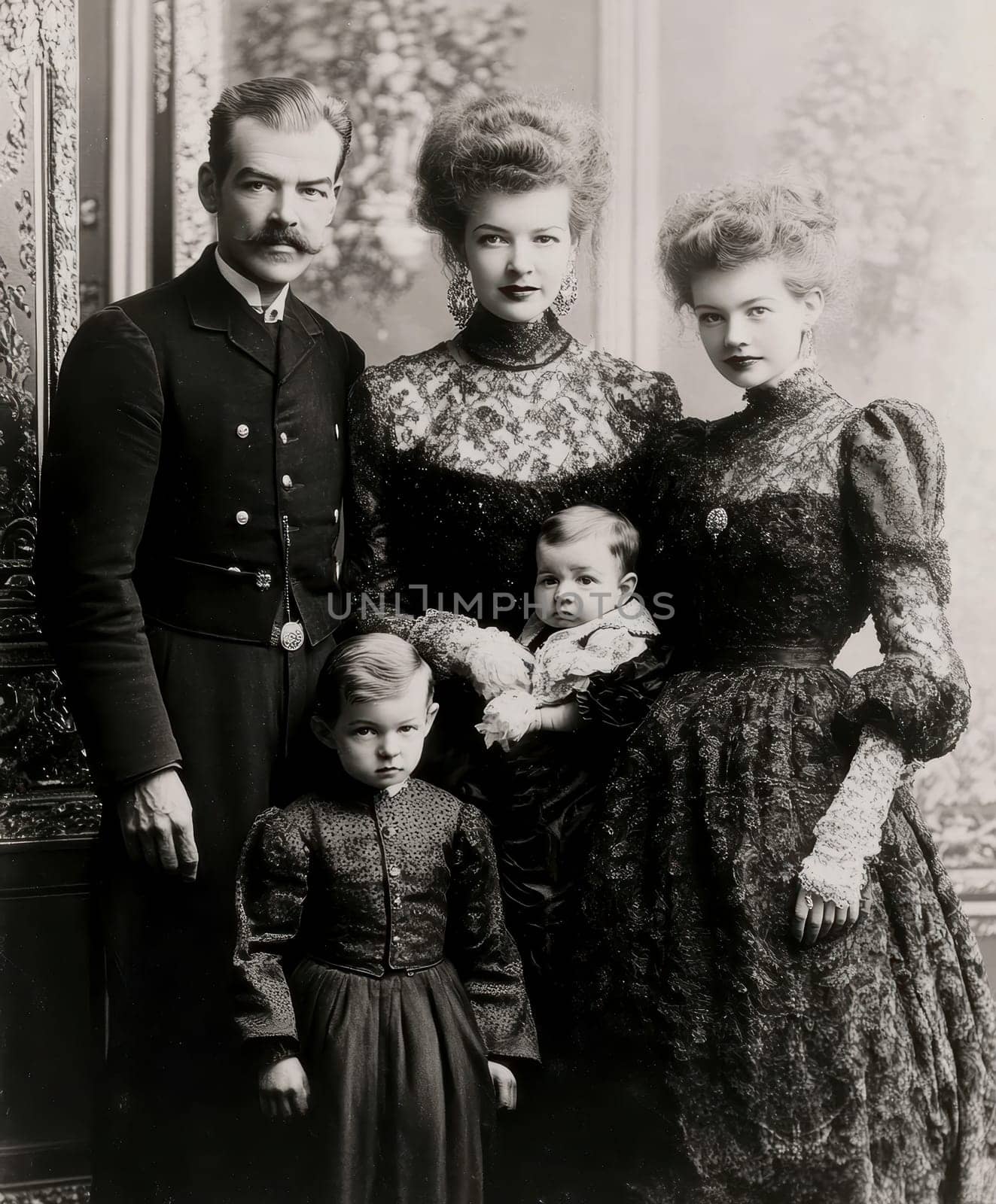 Victorian-era family posing for a formal portrait. AI generative.