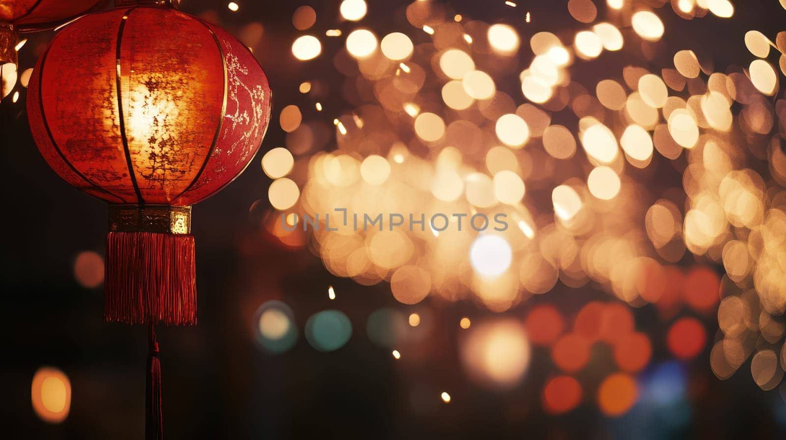 Colorful lanterns illuminate a vibrant atmosphere filled with twinkling lights celebrating the joy of Christmas evening festivities.