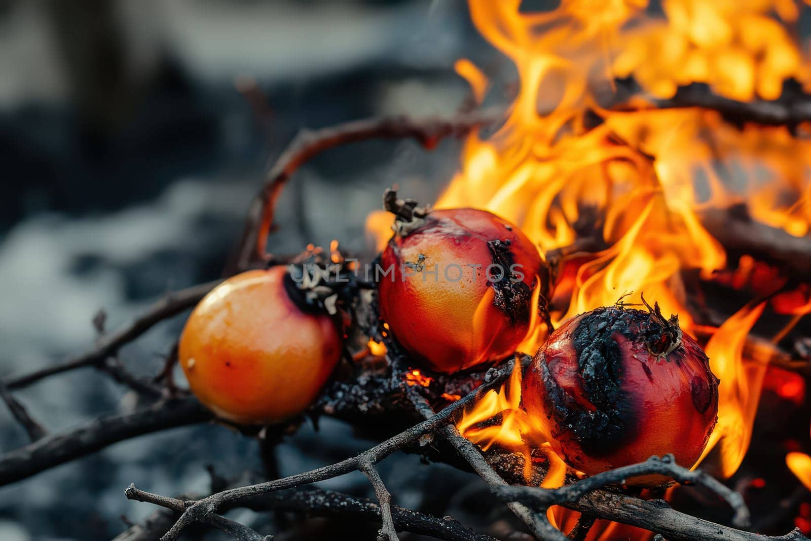 Bright flames dance around fruits roasting on open fire during a joyful holiday gathering creating a warm inviting atmosphere.