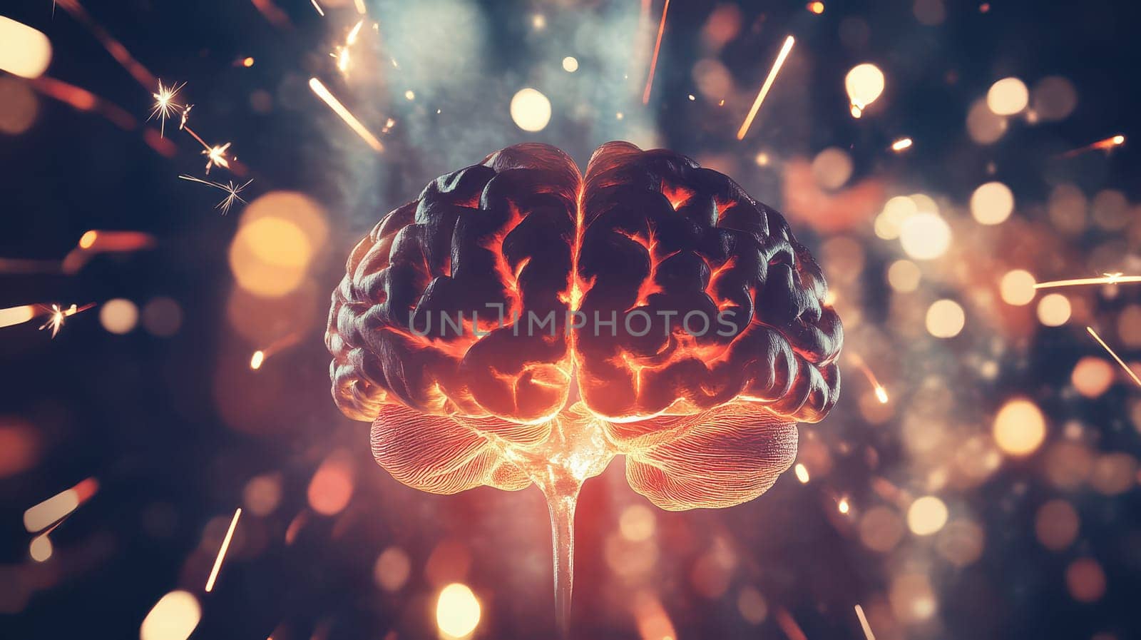 A vibrant brain radiates energy surrounded by festive lights and sparks capturing the essence of joyful Christmas celebrations.