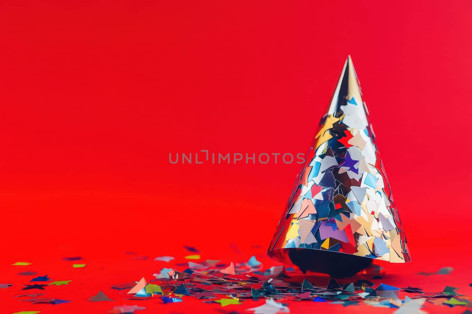 Shiny party hat sits on a bright red surface surrounded by colorful confetti perfect for a festive Christmas celebration.