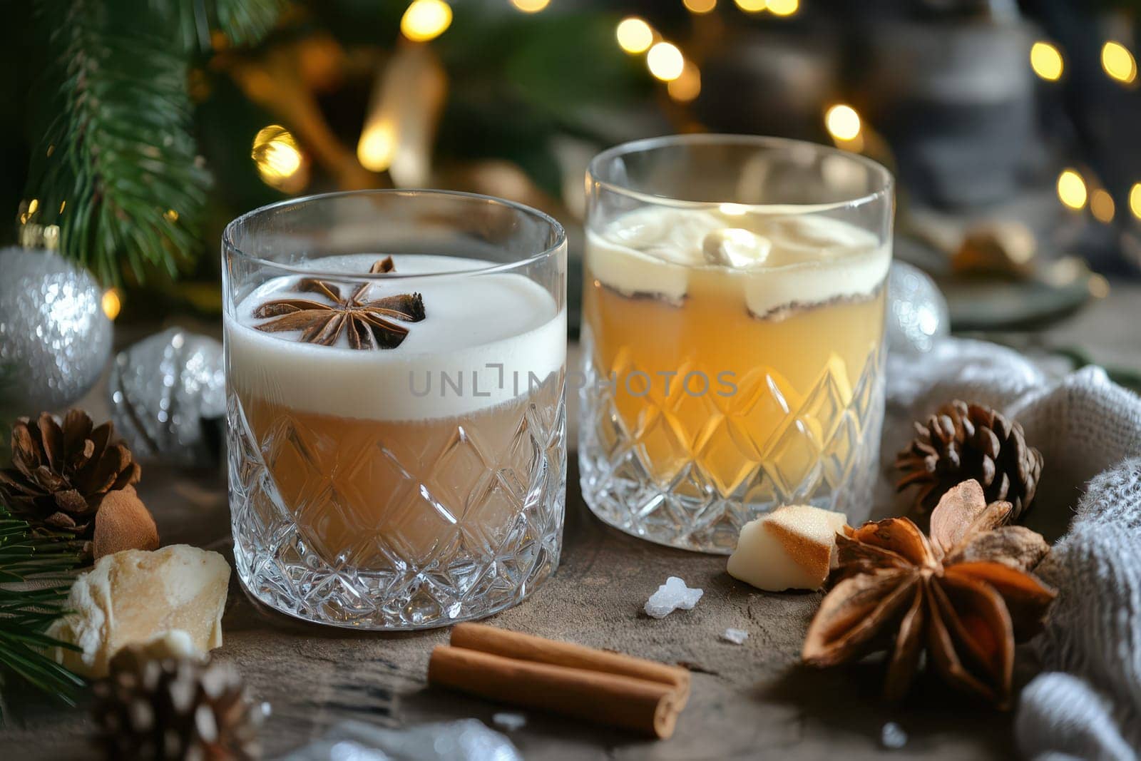 Two elegant glasses filled with festive cocktails sit among holiday decorations and pinecones evoking a cozy Christmas atmosphere.