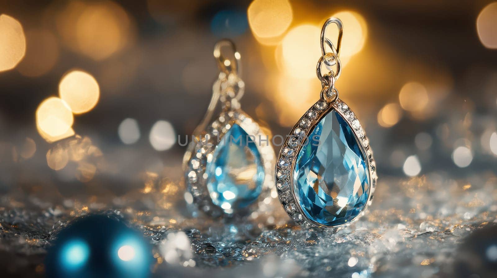Elegant blue earrings with gemstones shimmer amidst festive decorations and lights during the holiday season creating a magical atmosphere.